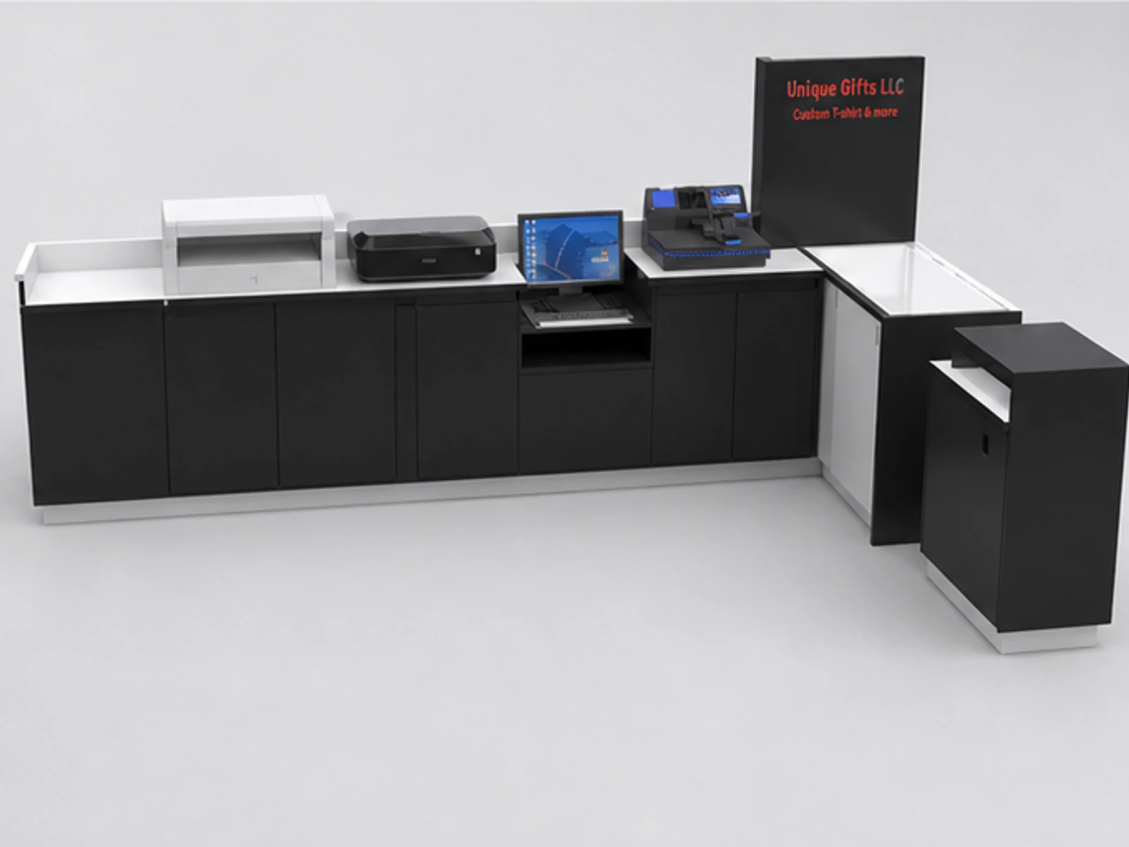 New finished custom T-shirt printing kiosk wooden T-shirt display booth used in America staff storage and checkout detail