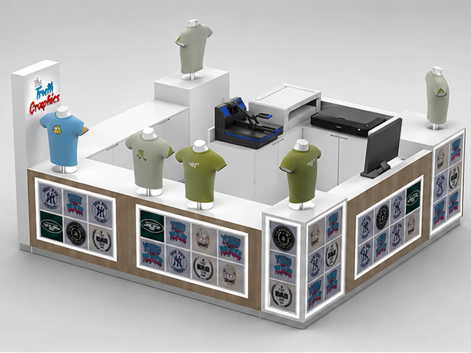 Newest Attractive Custom T-shirt Display Kiosk Use In Shopping Center main mall-facing view