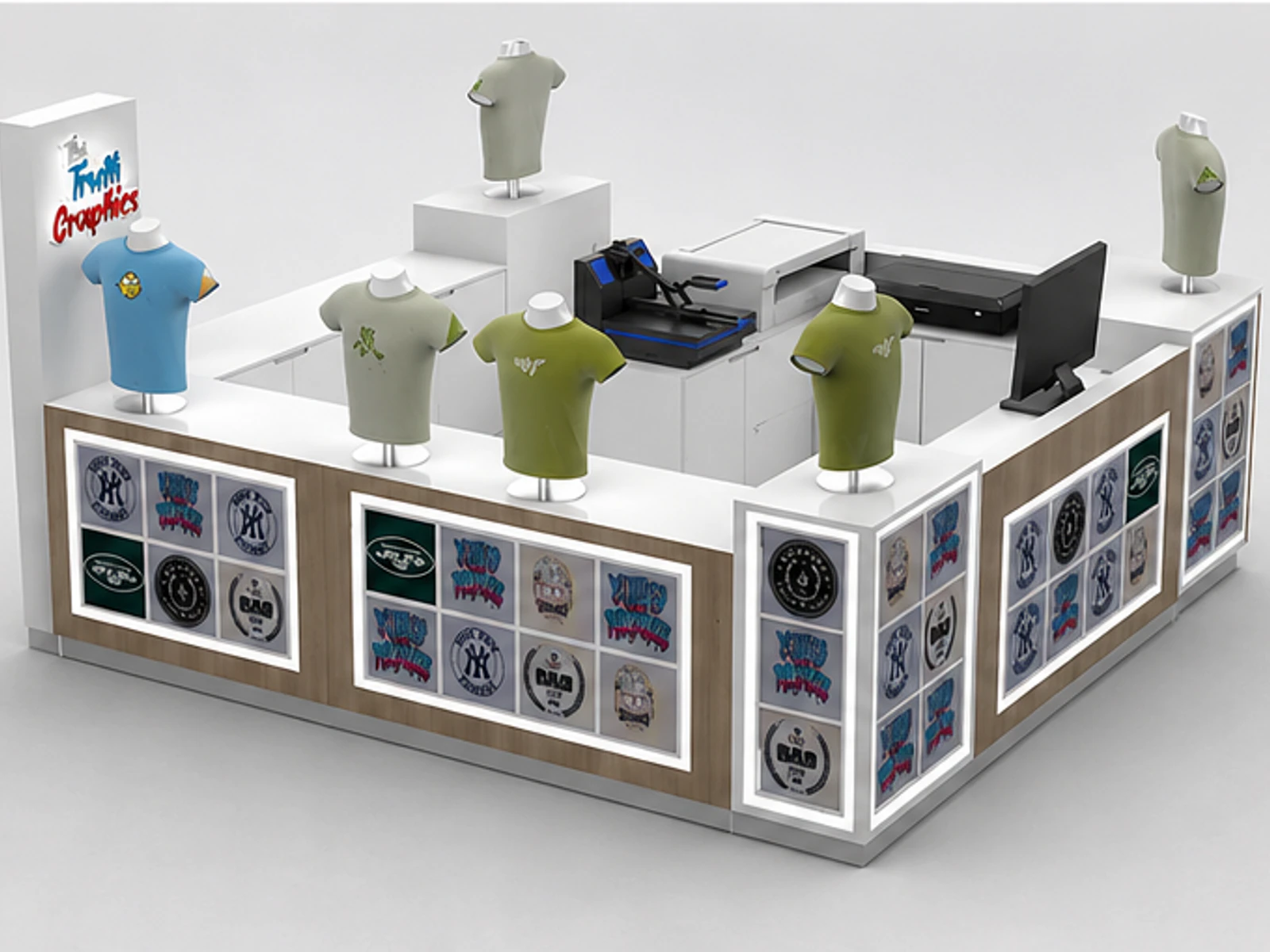 Newest Attractive Custom T-shirt Display Kiosk Use In Shopping Center garment rails and shelving view