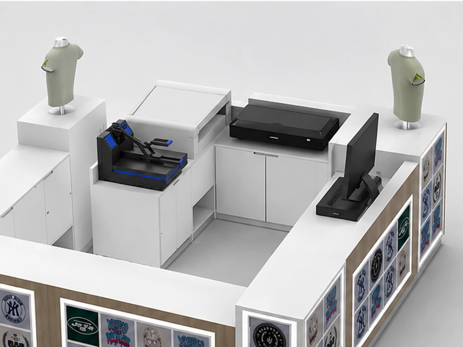 Newest Attractive Custom T-shirt Display Kiosk Use In Shopping Center staff storage and checkout detail