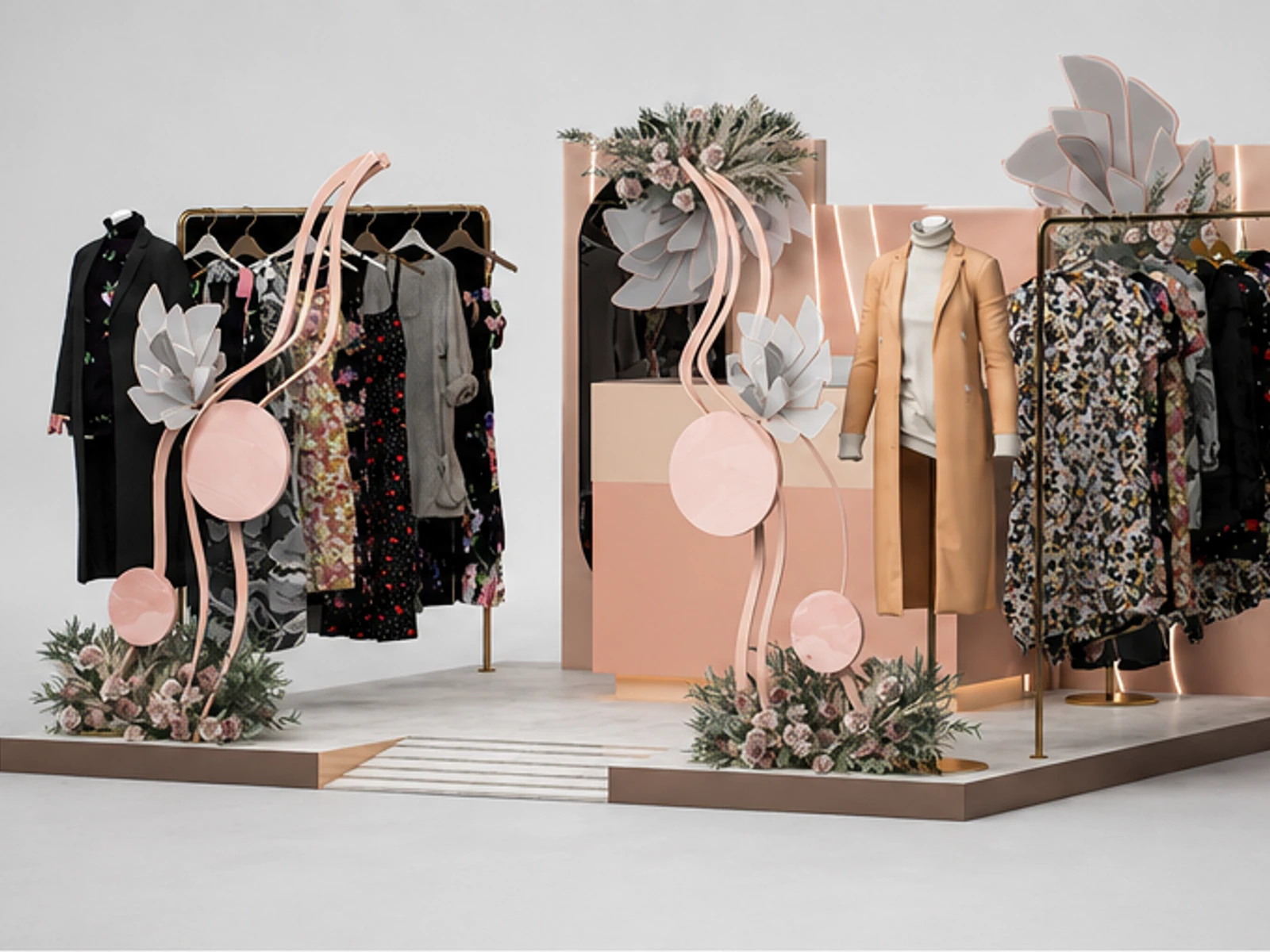 Pop Up Clothing Kiosk Inside Clothing Brand Showcase Custom Clothing Display Booth main mall-facing view