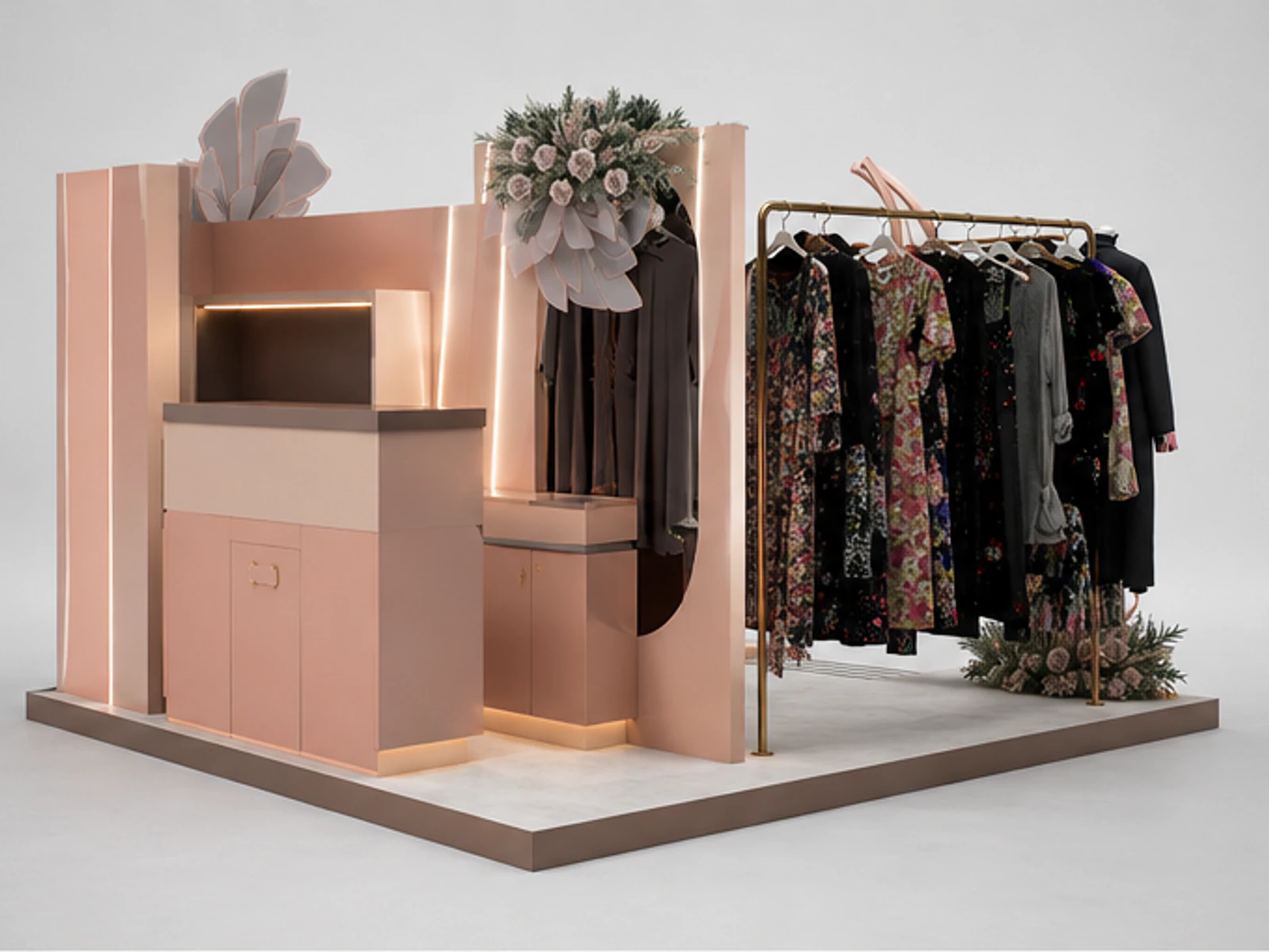 Pop Up Clothing Kiosk Inside Clothing Brand Showcase Custom Clothing Display Booth angled clothing display view