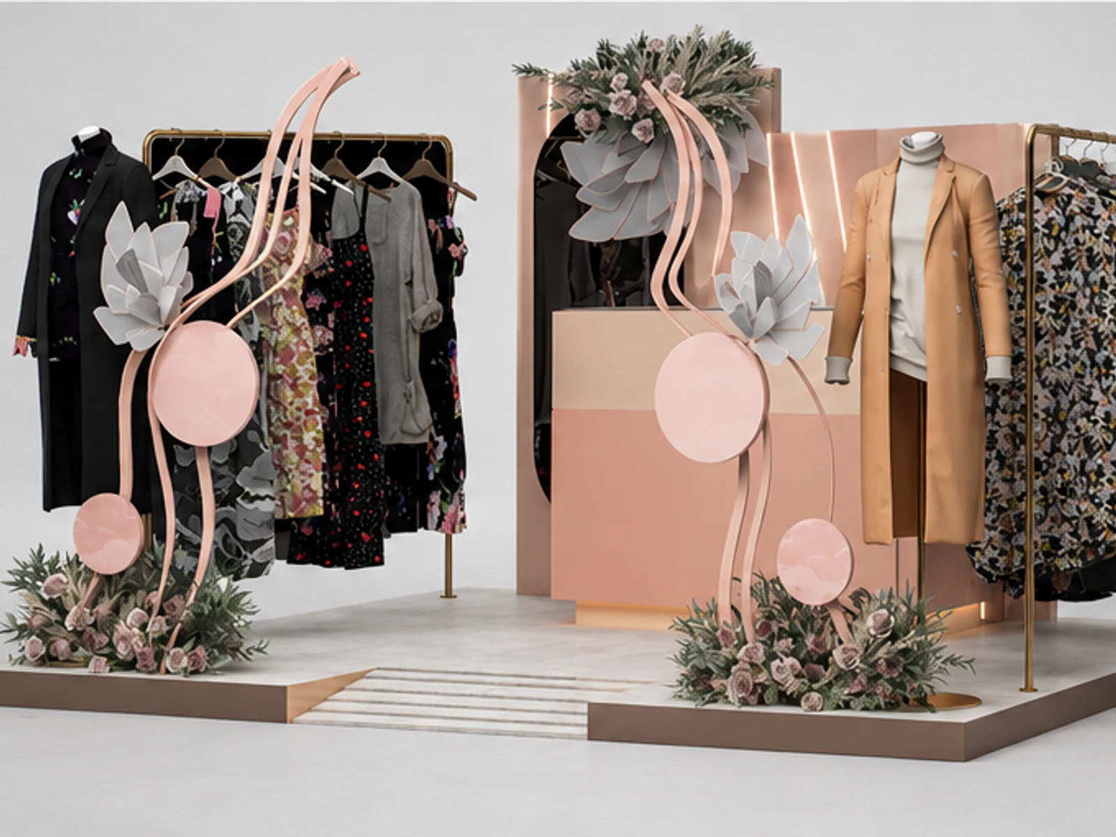Pop Up Clothing Kiosk Inside Clothing Brand Showcase Custom Clothing Display Booth garment rails and shelving view