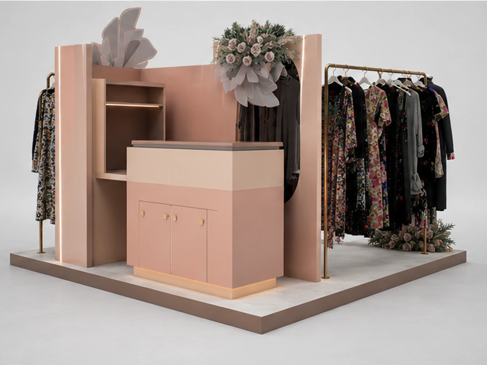 Pop Up Clothing Kiosk Inside Clothing Brand Showcase Custom Clothing Display Booth staff storage and checkout detail