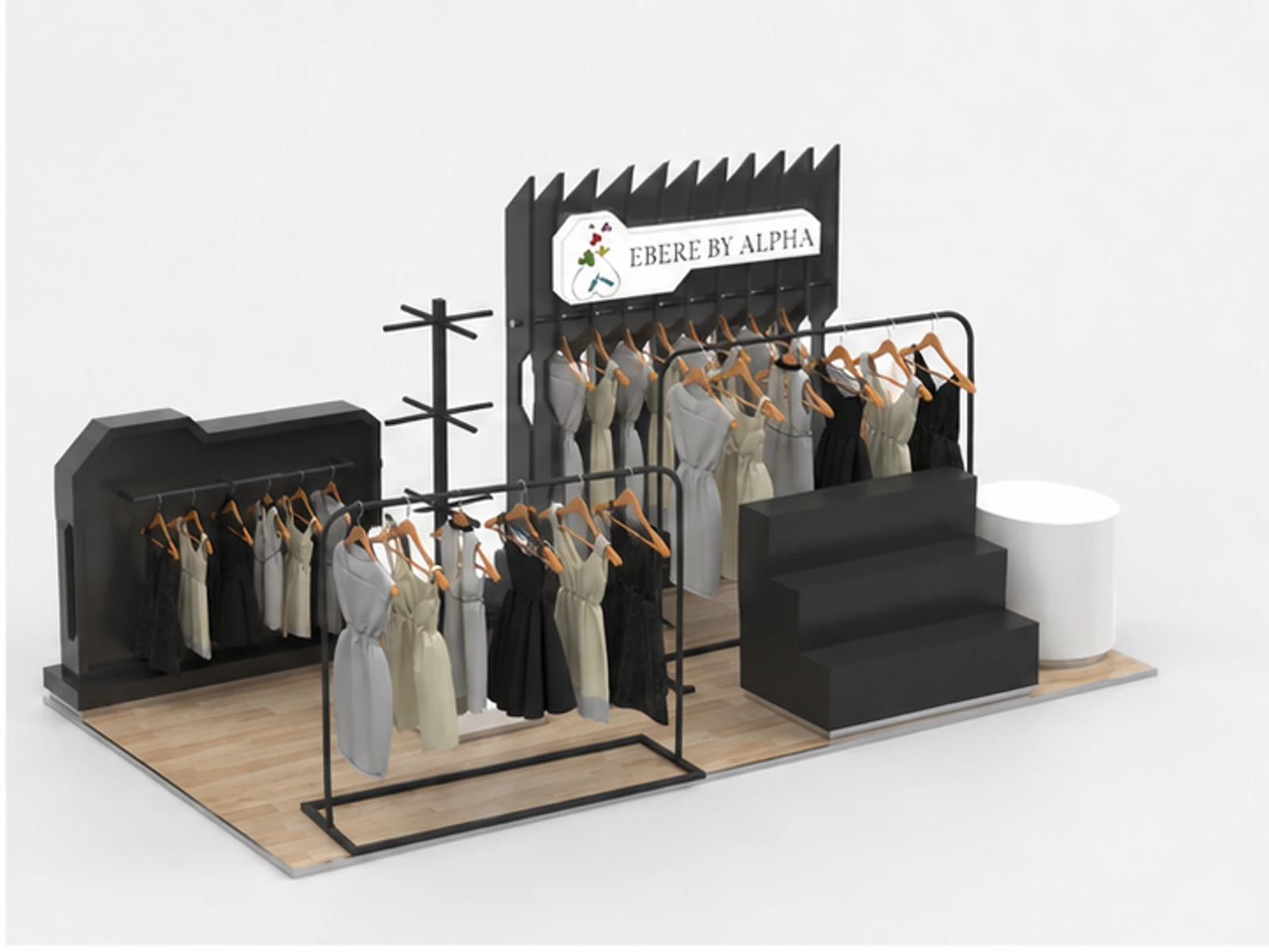 Popular Clothing Kiosk Retail Jackets Booth Elegant Costume Kiosk Design angled clothing display view