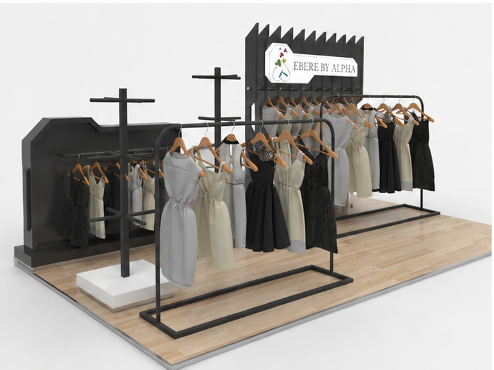 Popular Clothing Kiosk Retail Jackets Booth Elegant Costume Kiosk Design garment rails and shelving view
