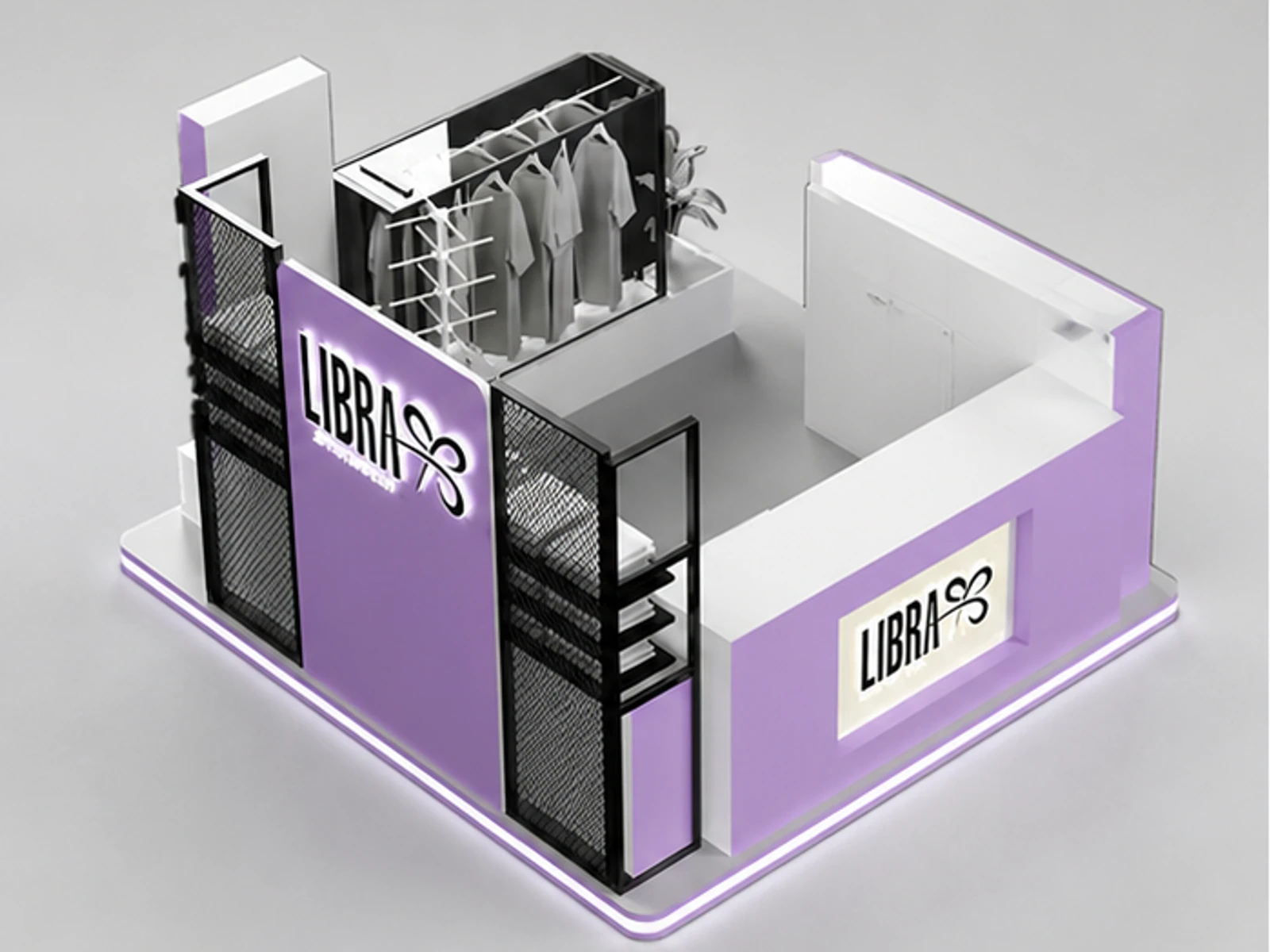 Purple Clothing Display Kiosk Mall Clothes Inside Kiosk Retail Metal Clothing Counter main mall-facing view
