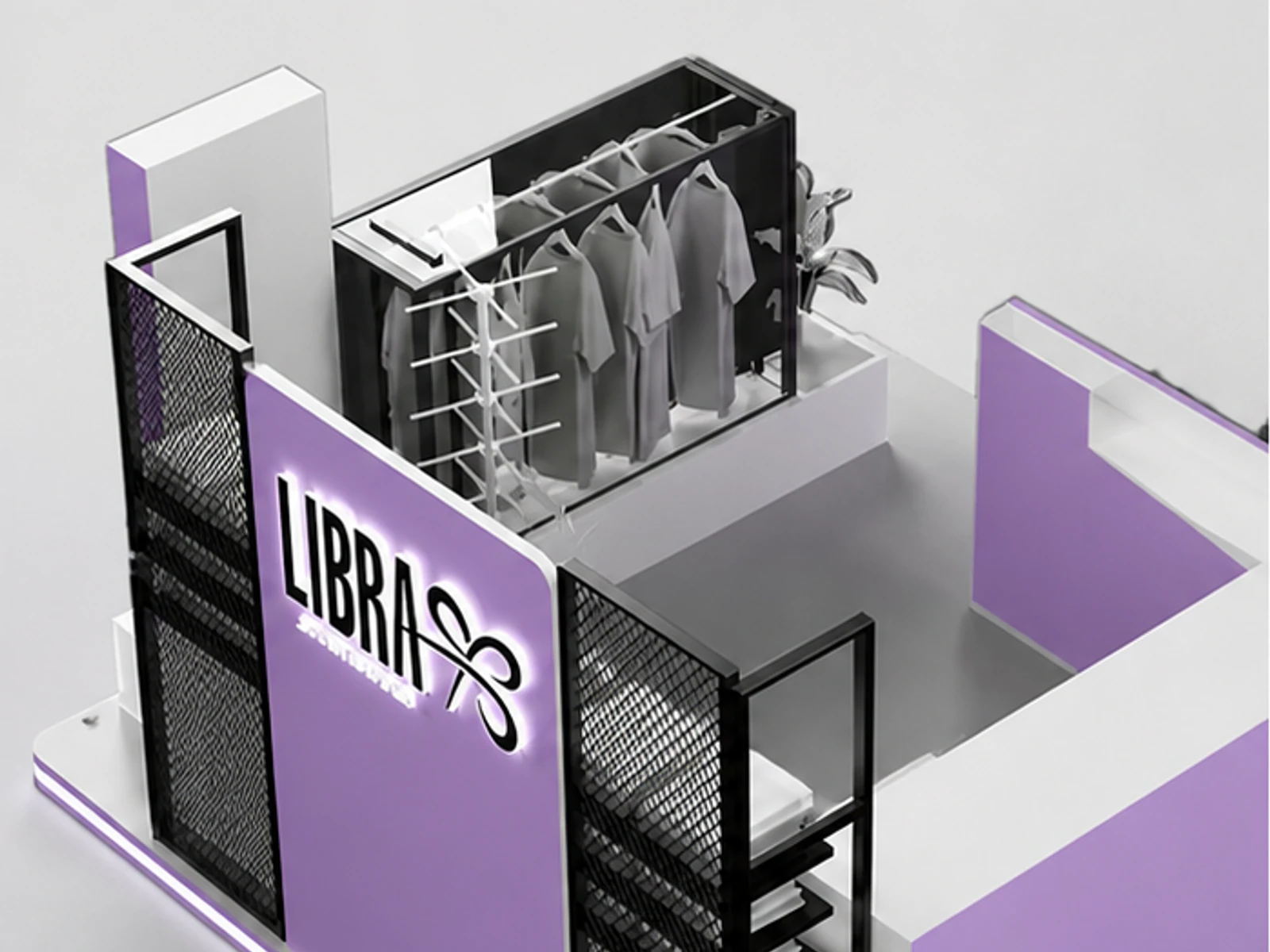 Purple Clothing Display Kiosk Mall Clothes Inside Kiosk Retail Metal Clothing Counter garment rails and shelving view
