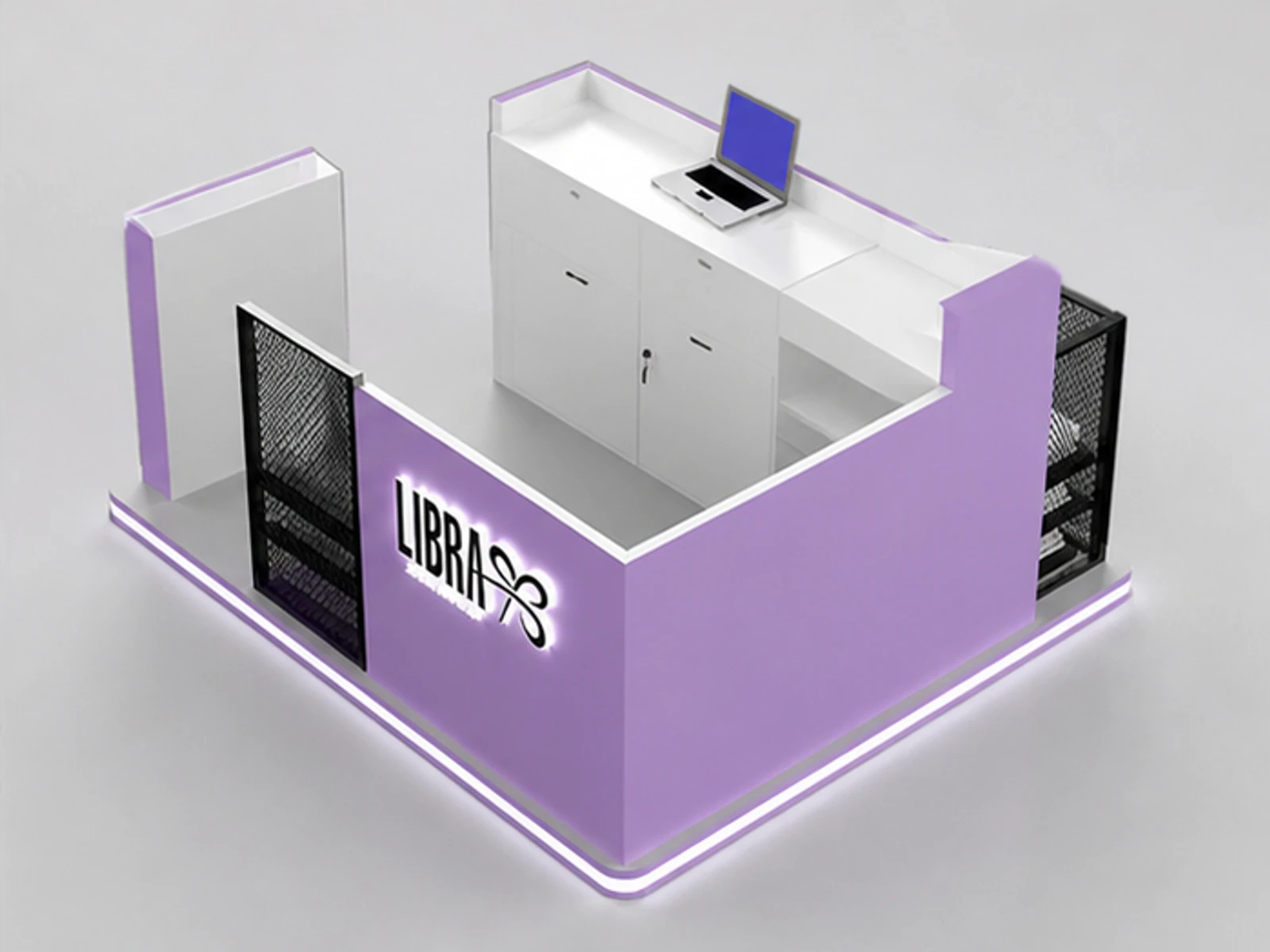 Purple Clothing Display Kiosk Mall Clothes Inside Kiosk Retail Metal Clothing Counter staff storage and checkout detail
