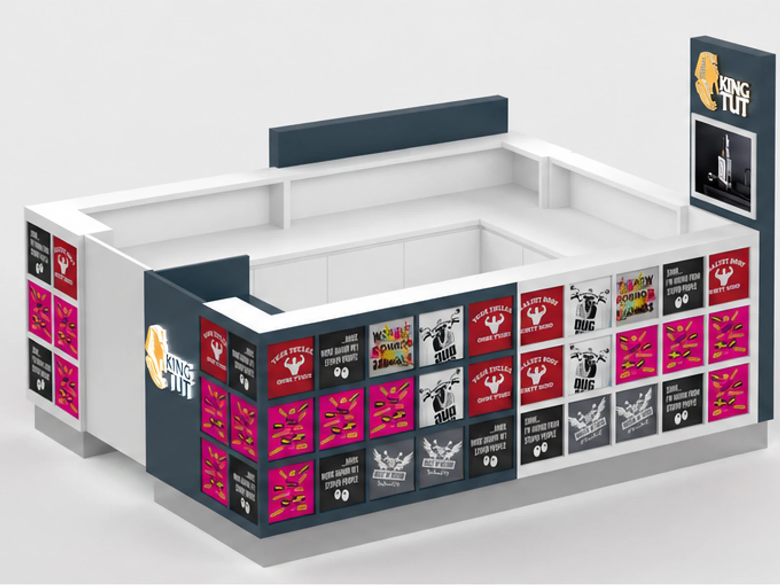 Retail T-shirt Kiosk Fashion T-shirt Counter Design Mall T-shirt vendor main mall-facing view