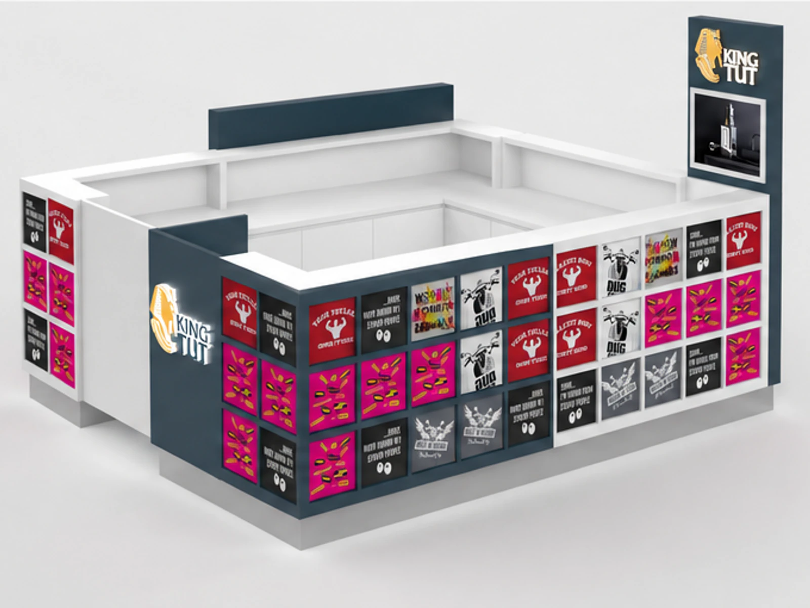 Retail T-shirt Kiosk Fashion T-shirt Counter Design Mall T-shirt vendor garment rails and shelving view