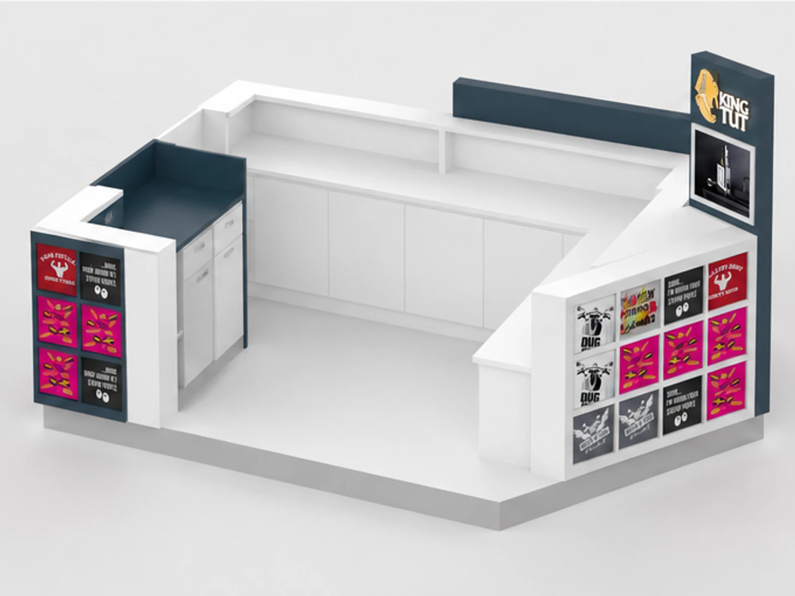 Retail T-shirt Kiosk Fashion T-shirt Counter Design Mall T-shirt vendor staff storage and checkout detail