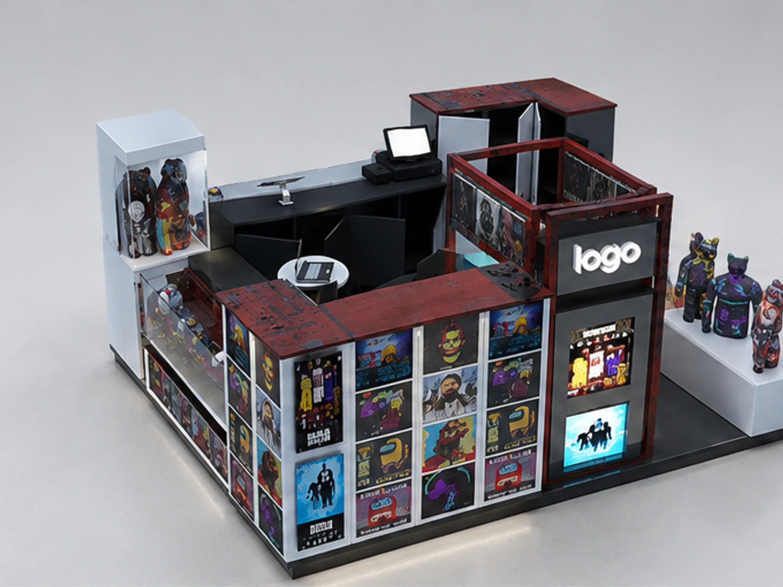 Retro Style T-shirt Kiosk Design New Hoodie Clothing Display Booth main mall-facing view