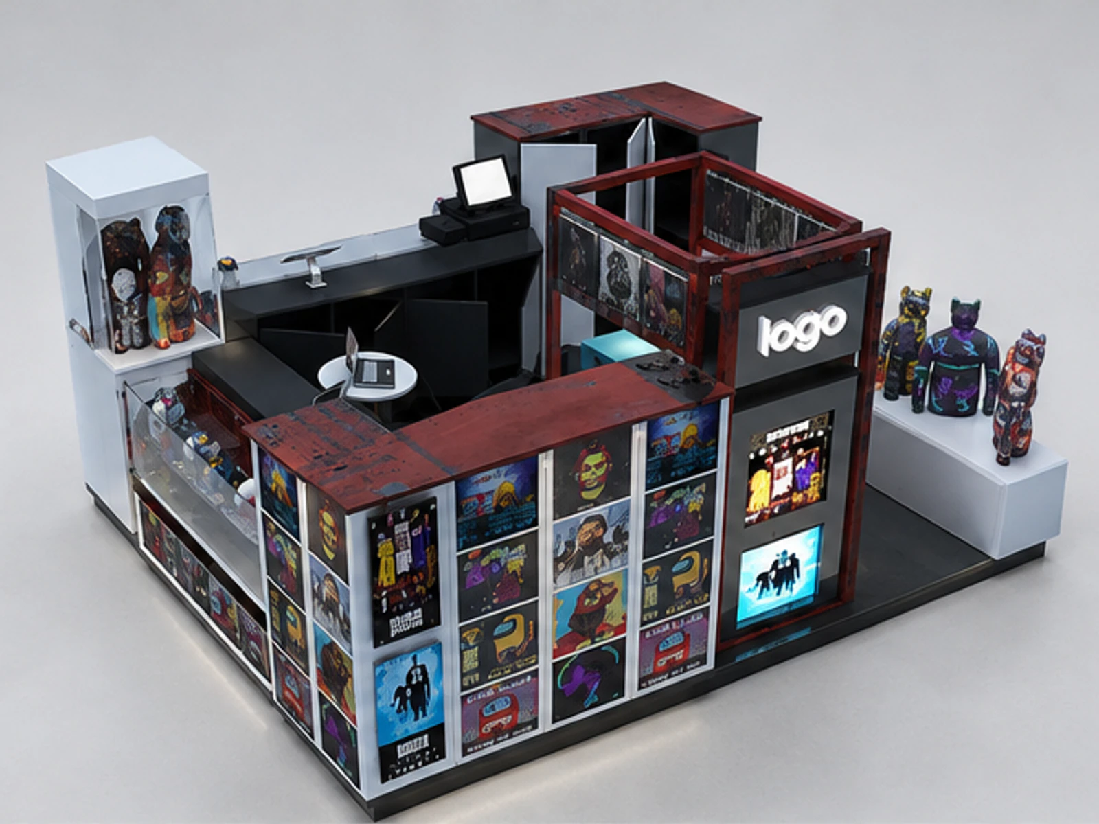 Retro Style T-shirt Kiosk Design New Hoodie Clothing Display Booth angled clothing display view