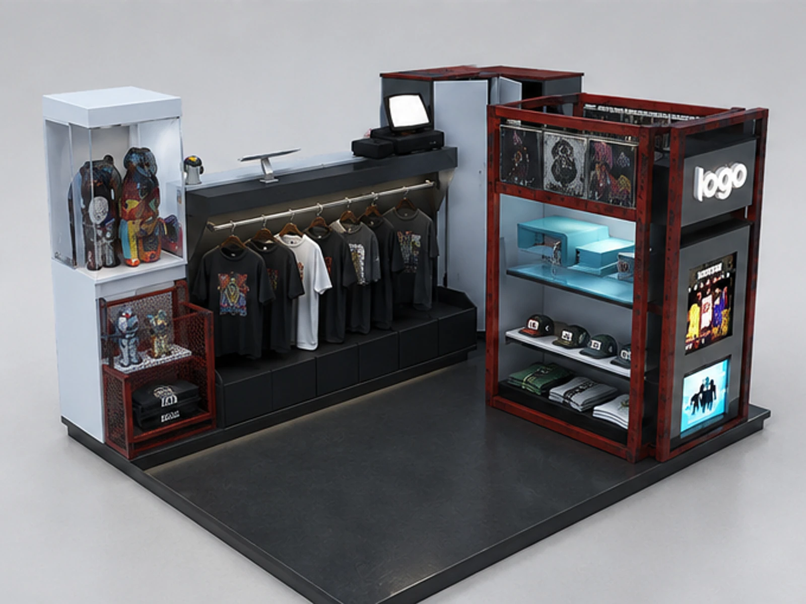 Retro Style T-shirt Kiosk Design New Hoodie Clothing Display Booth garment rails and shelving view