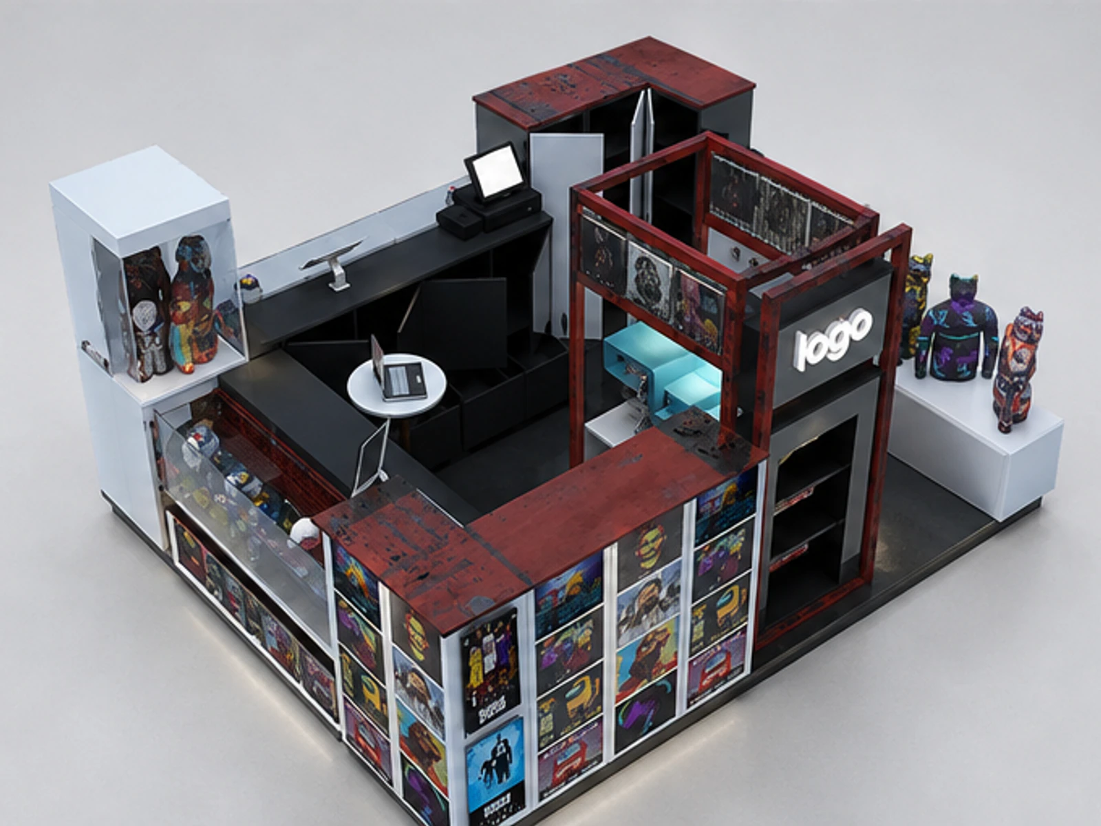 Retro Style T-shirt Kiosk Design New Hoodie Clothing Display Booth staff storage and checkout detail