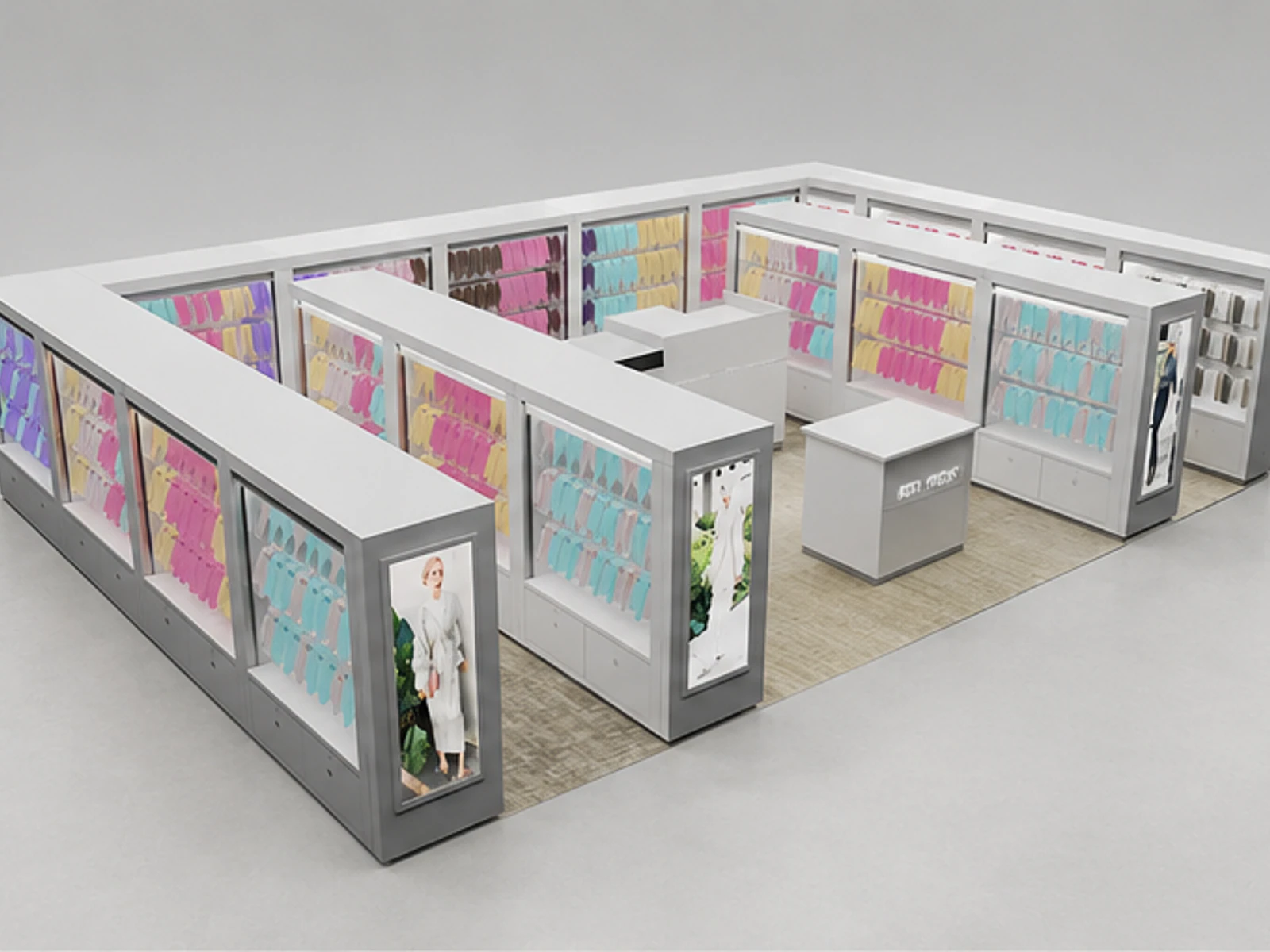 Scarf display shelves | shopping mall clothing kiosk main mall-facing view