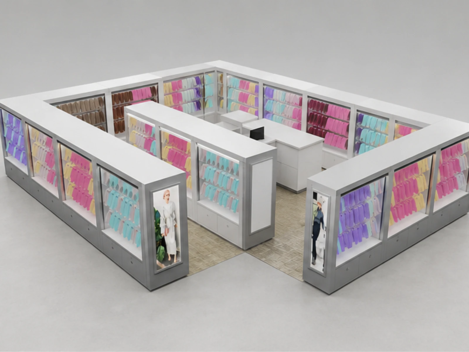 Scarf display shelves | shopping mall clothing kiosk angled clothing display view