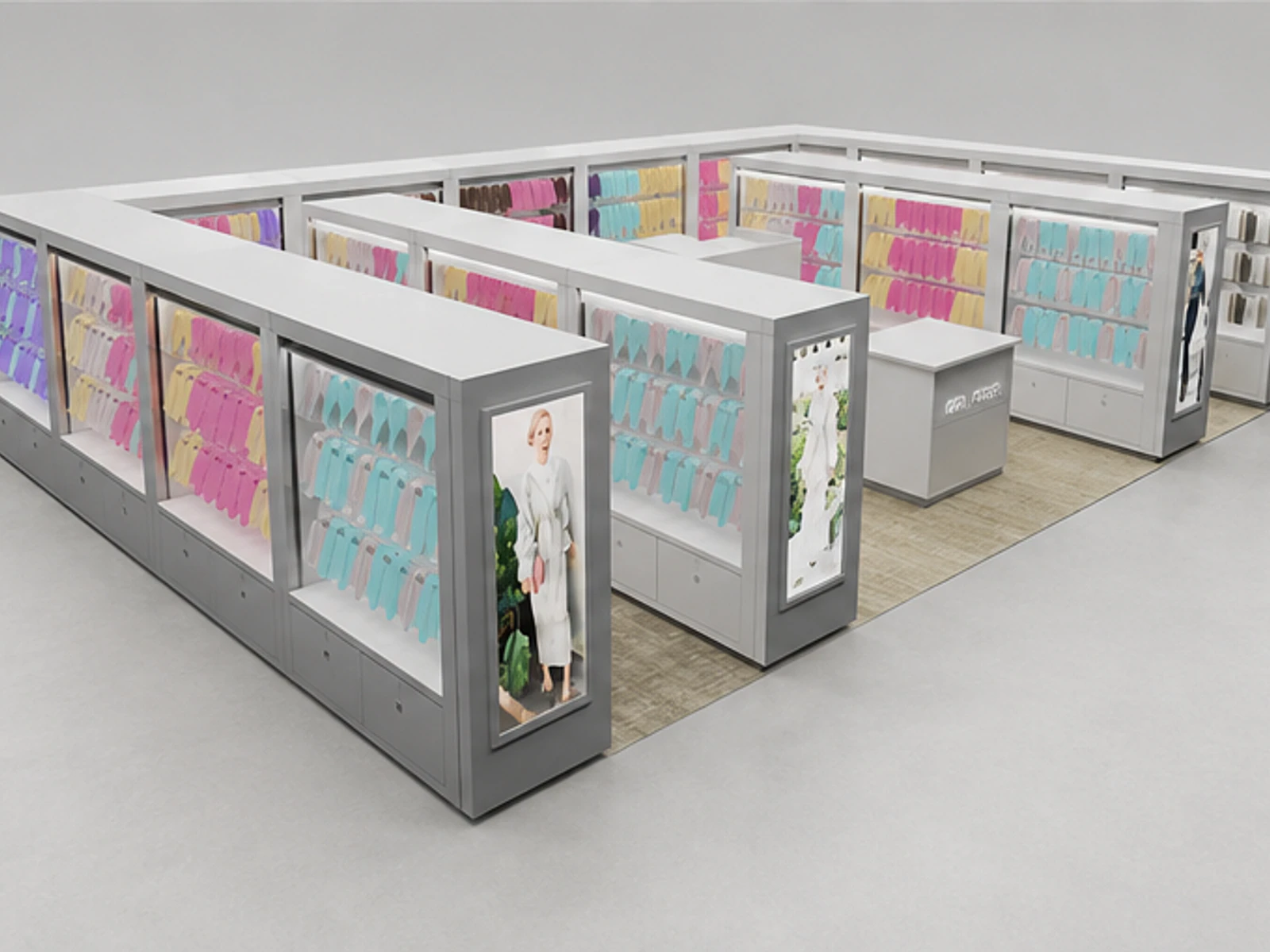 Scarf display shelves | shopping mall clothing kiosk garment rails and shelving view