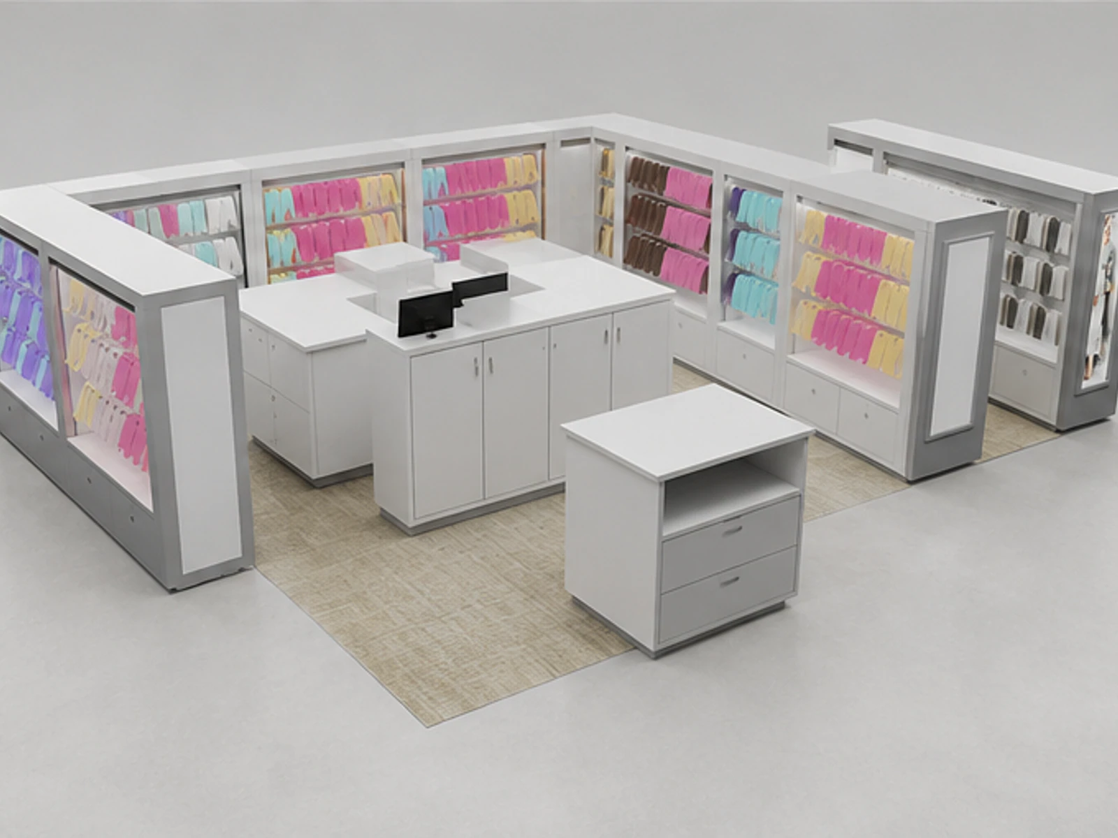 Scarf display shelves | shopping mall clothing kiosk staff storage and checkout detail