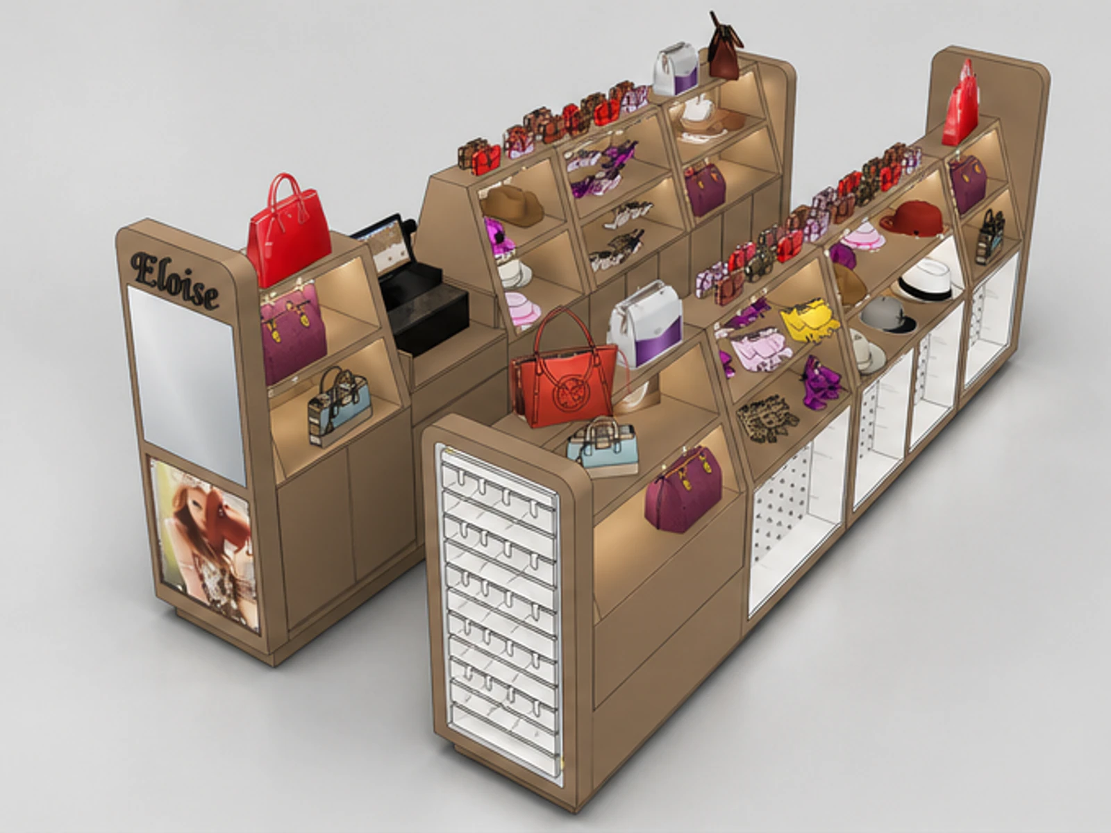 Shopping mall bags display kiosk | hat cabinet for sale main mall-facing view