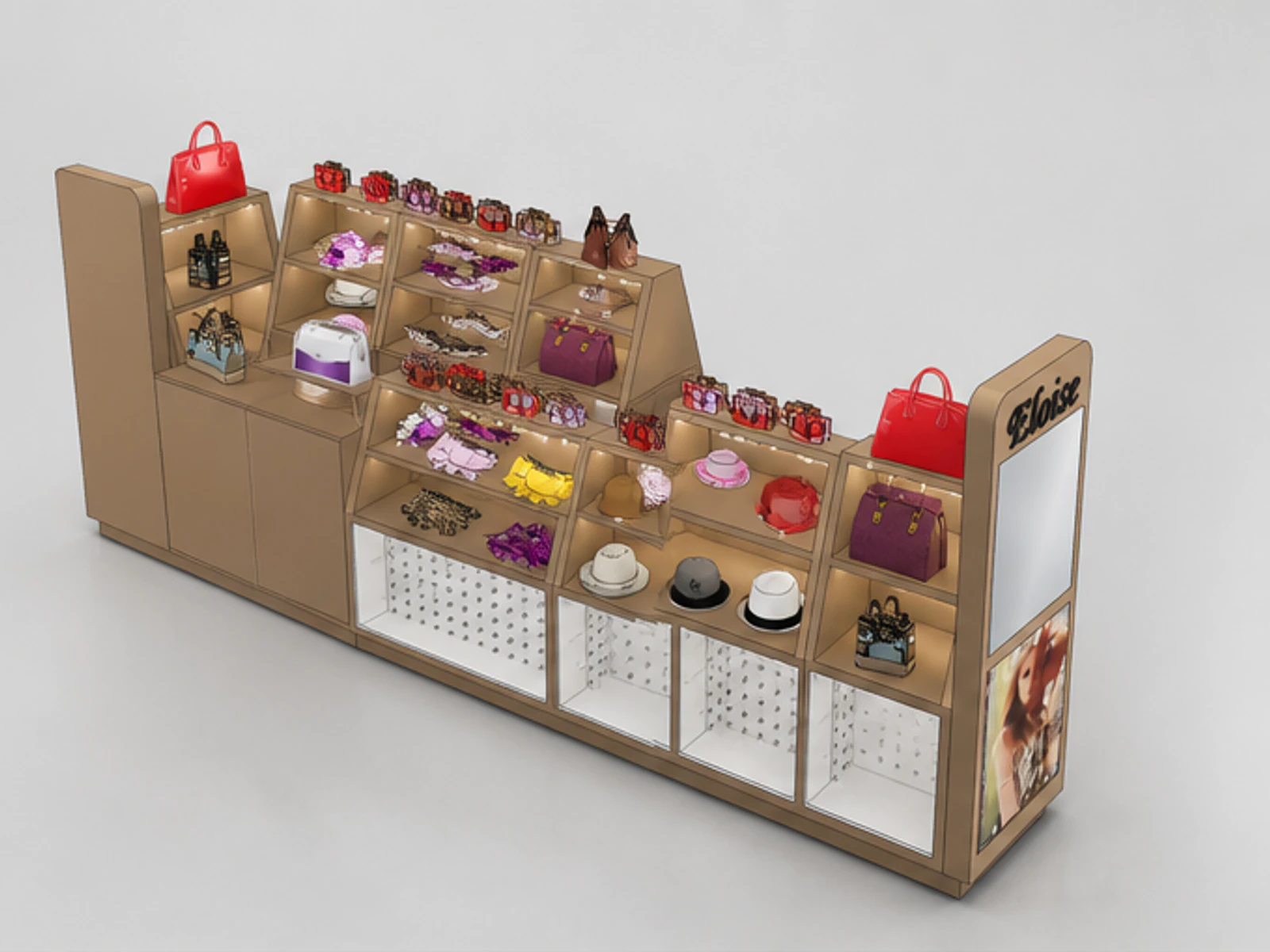 Shopping mall bags display kiosk | hat cabinet for sale angled clothing display view