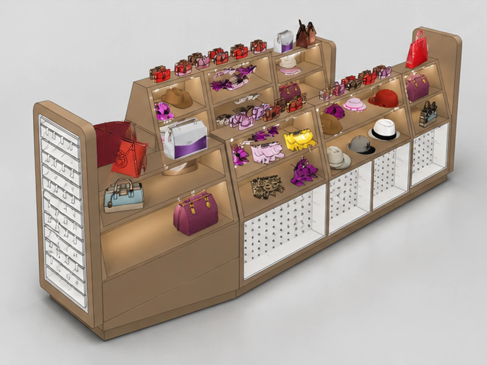 Shopping mall bags display kiosk | hat cabinet for sale garment rails and shelving view