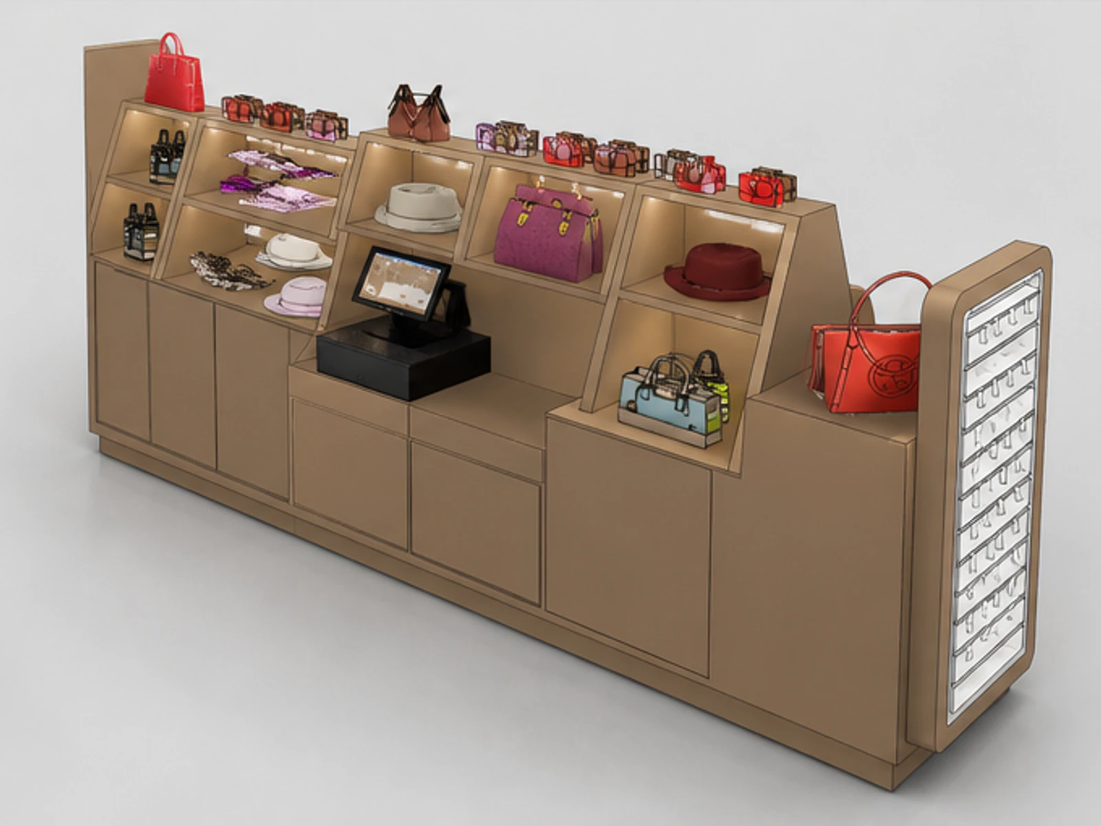 Shopping mall bags display kiosk | hat cabinet for sale staff storage and checkout detail