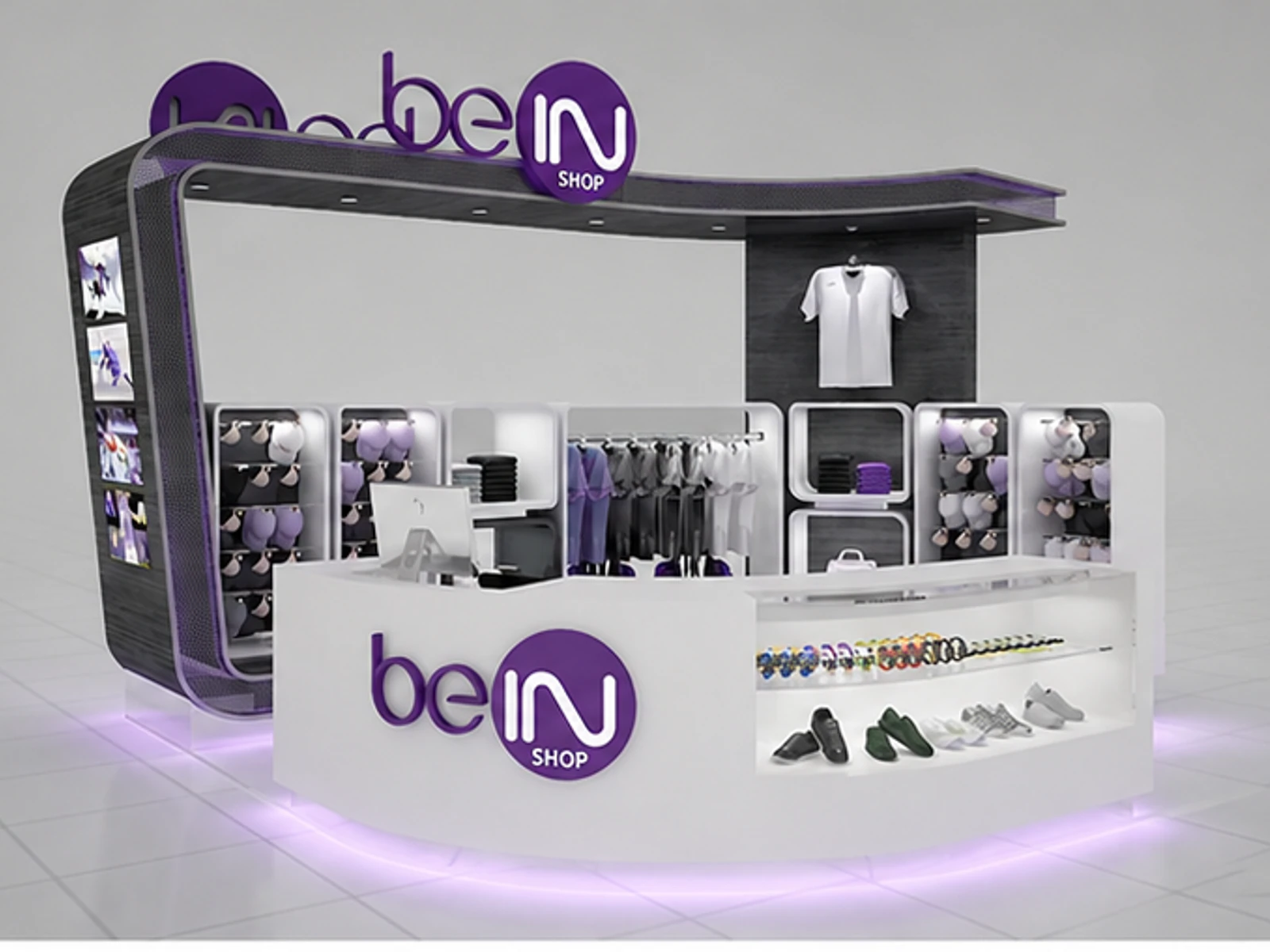 Shopping Mall Boys Clothing Kiosk Customized Sports Clothes Display Stand For Sale main mall-facing view