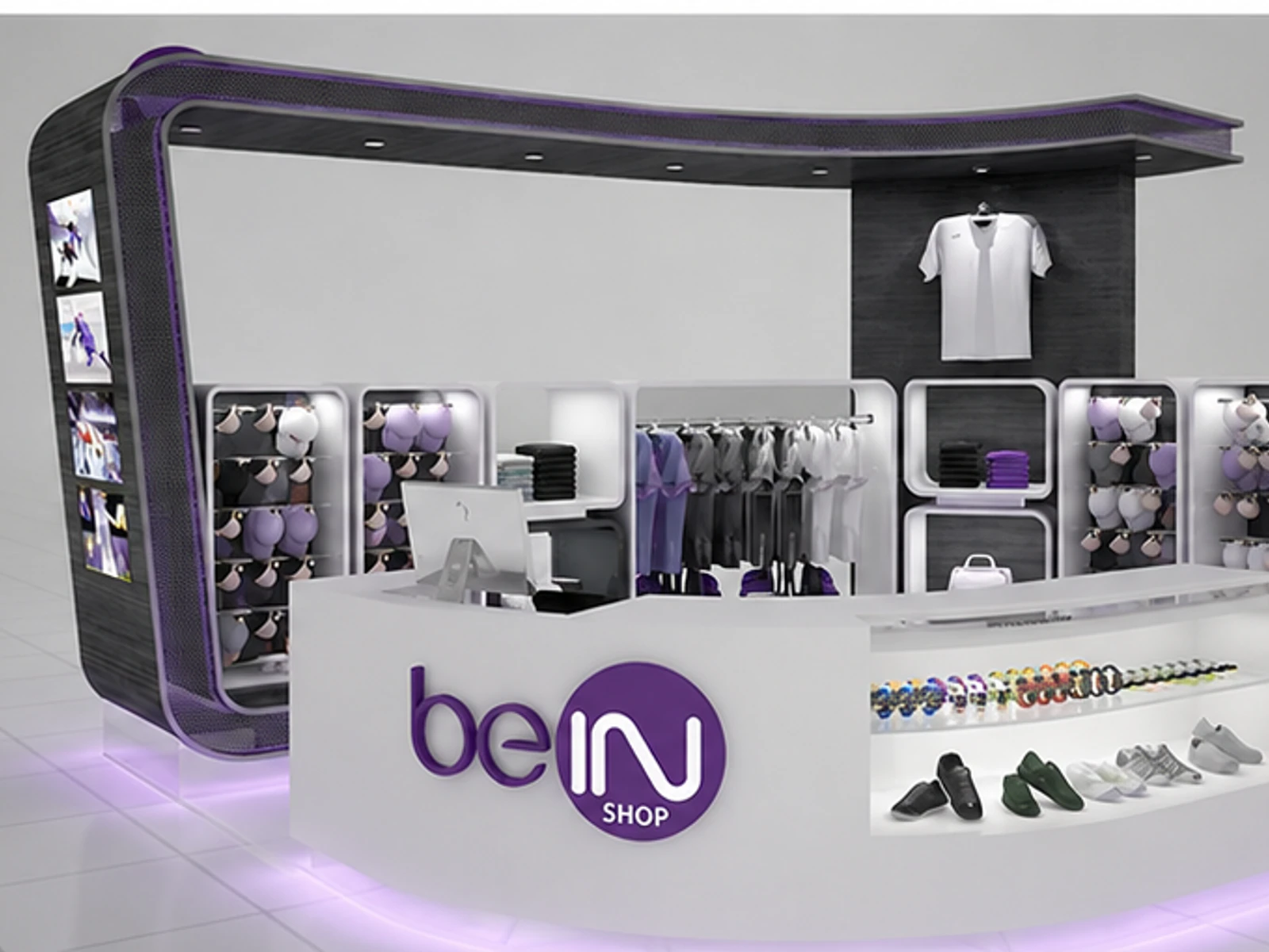 Shopping Mall Boys Clothing Kiosk Customized Sports Clothes Display Stand For Sale staff storage and checkout detail