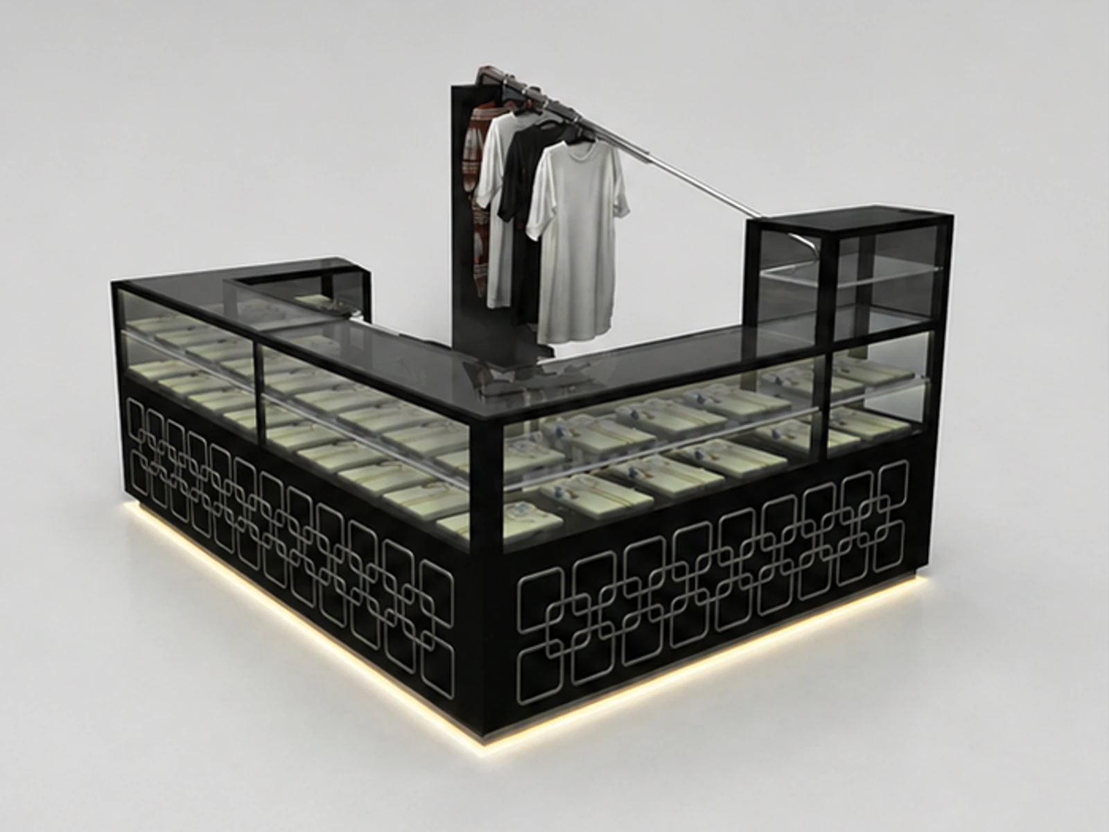 Shopping mall clothes display kiosk | glass showcase for T-shirt stand main mall-facing view