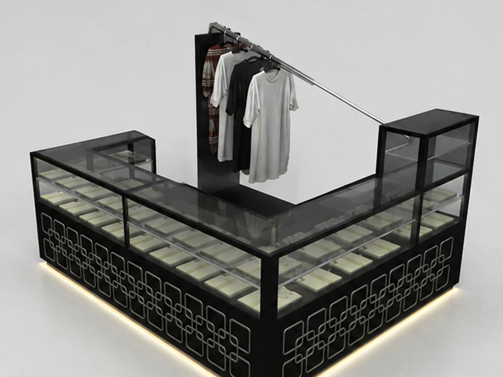 Shopping mall clothes display kiosk | glass showcase for T-shirt stand garment rails and shelving view