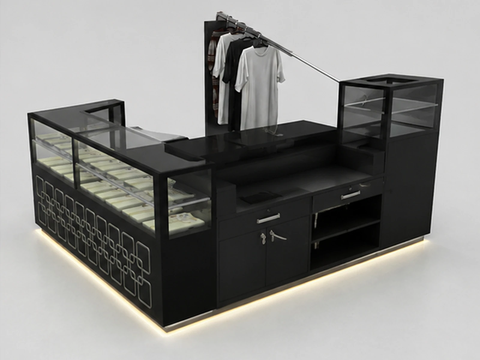 Shopping mall clothes display kiosk | glass showcase for T-shirt stand staff storage and checkout detail