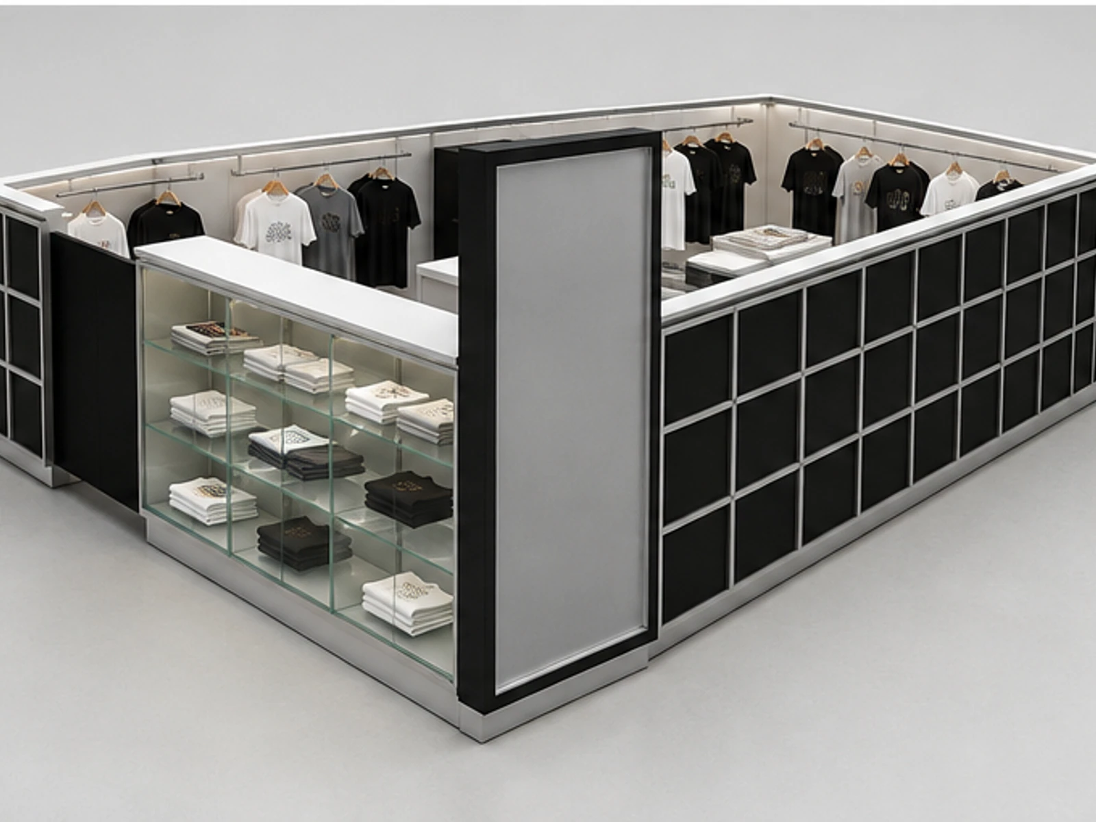 Shopping Mall Custom T-shirt Kiosk | Clothing Booth Exterior Wall For Sale garment rails and shelving view