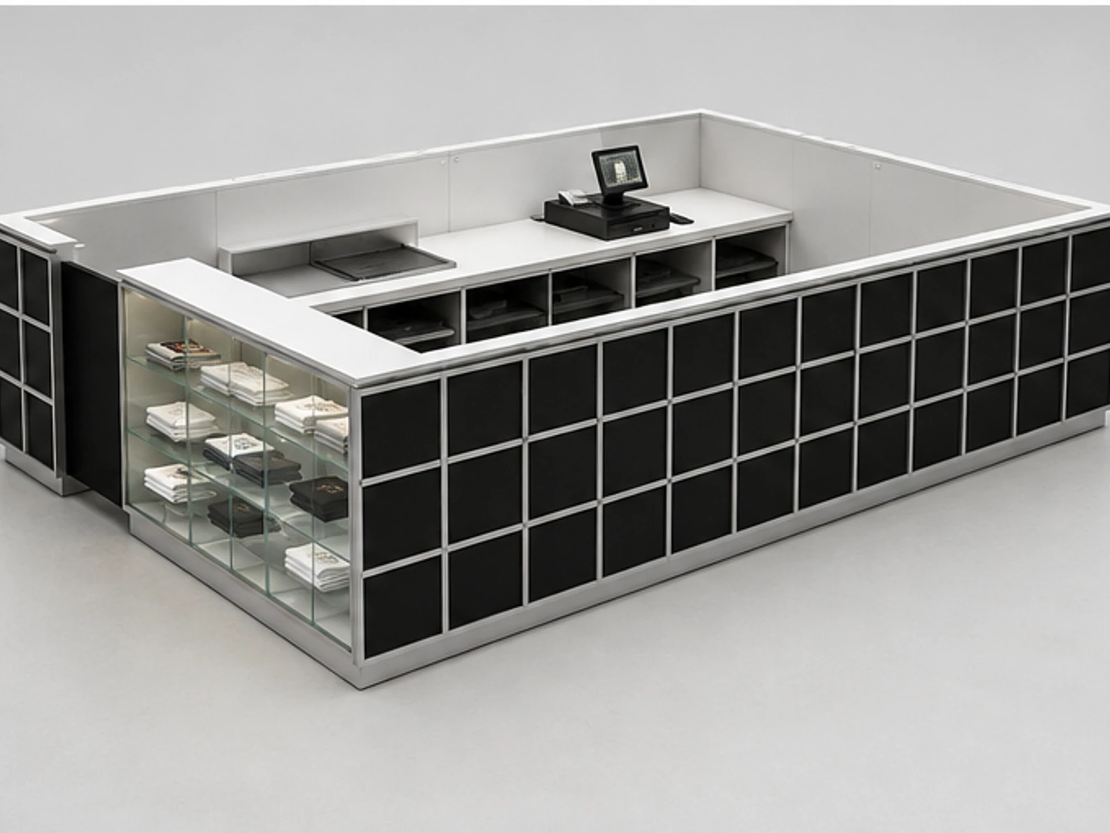 Shopping Mall Custom T-shirt Kiosk | Clothing Booth Exterior Wall For Sale staff storage and checkout detail
