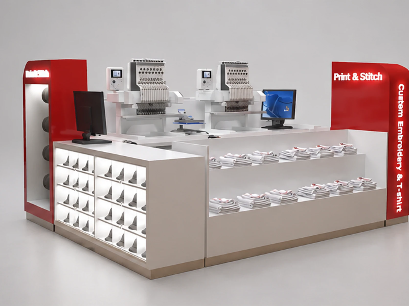 Shopping Mall Hat Display Wood Stand Customize T-shirt Kiosk main mall-facing view