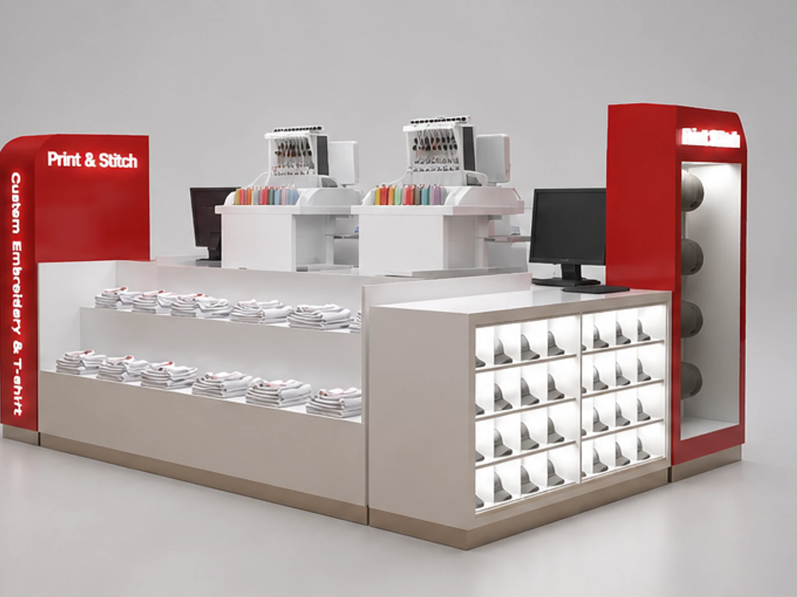 Shopping Mall Hat Display Wood Stand Customize T-shirt Kiosk angled clothing display view