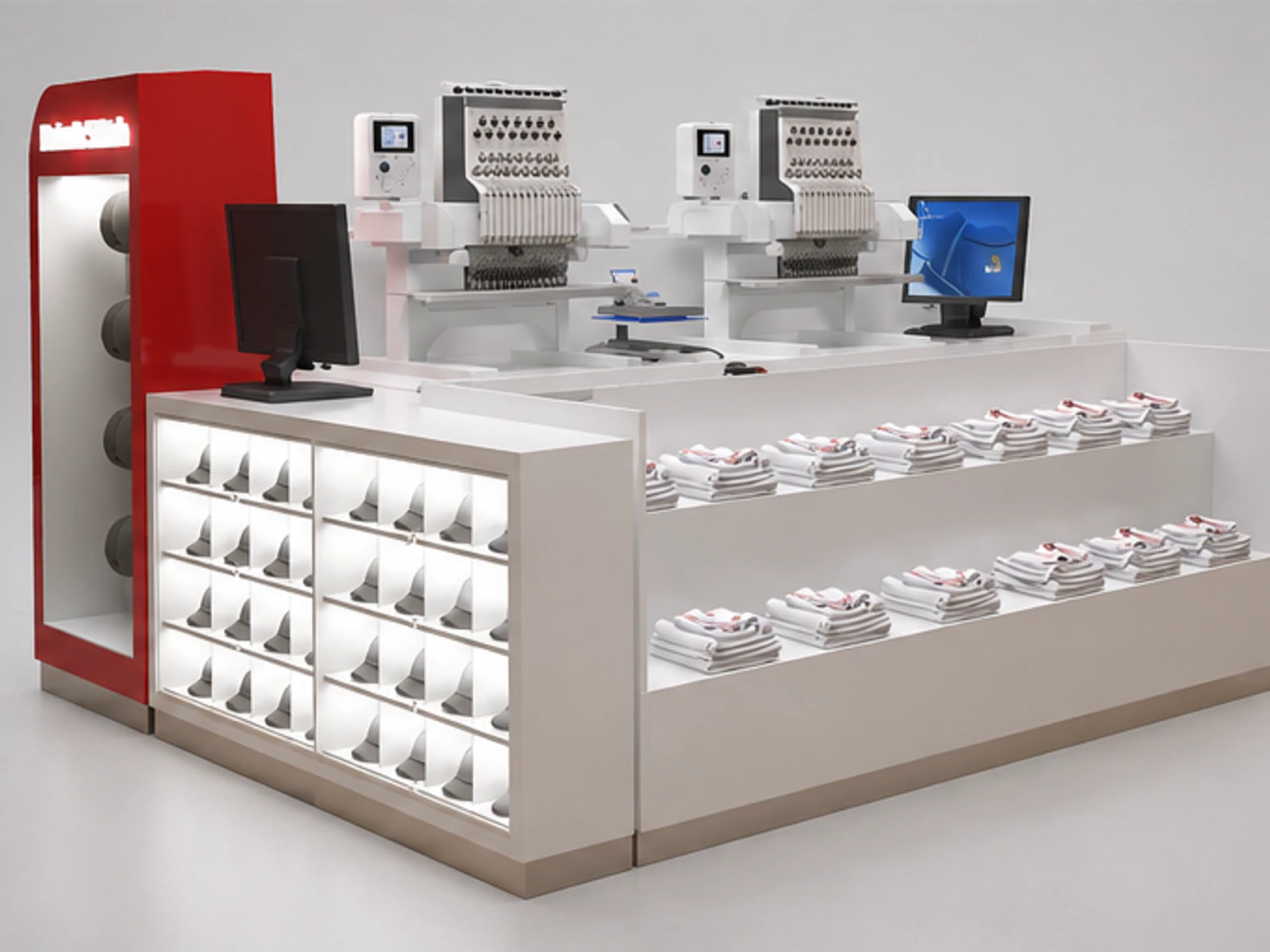 Shopping Mall Hat Display Wood Stand Customize T-shirt Kiosk garment rails and shelving view
