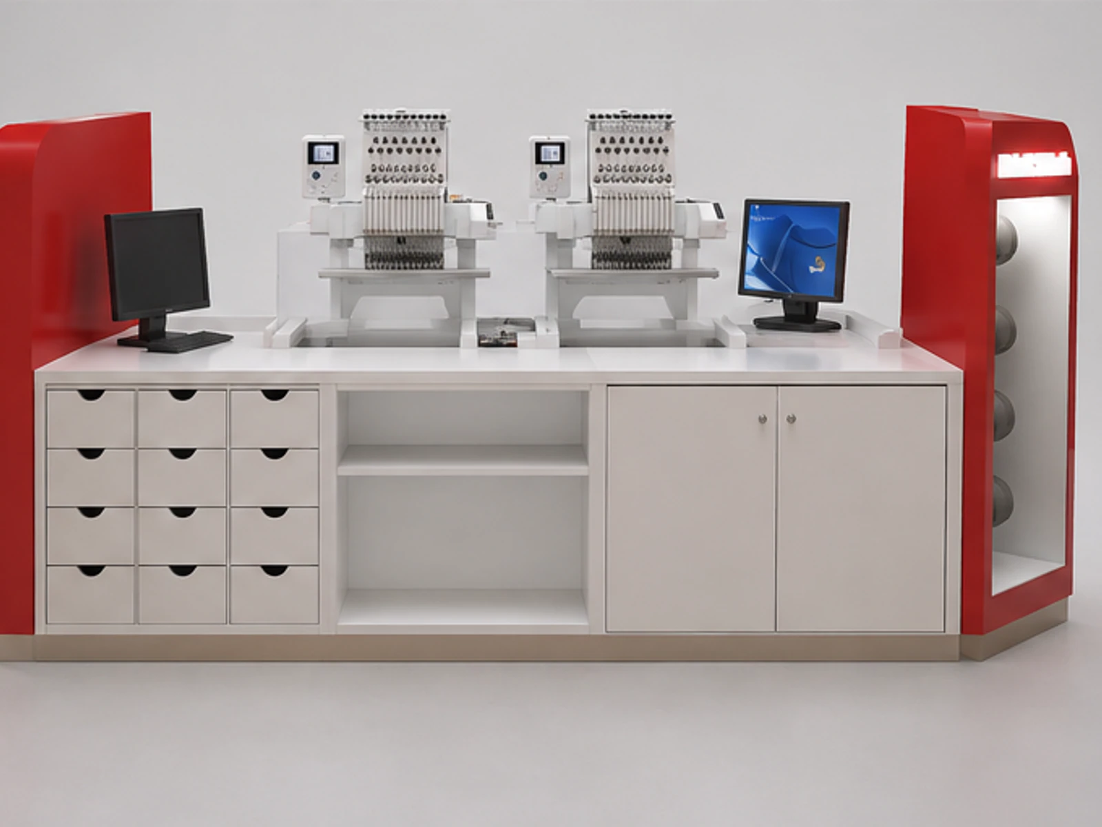 Shopping Mall Hat Display Wood Stand Customize T-shirt Kiosk staff storage and checkout detail
