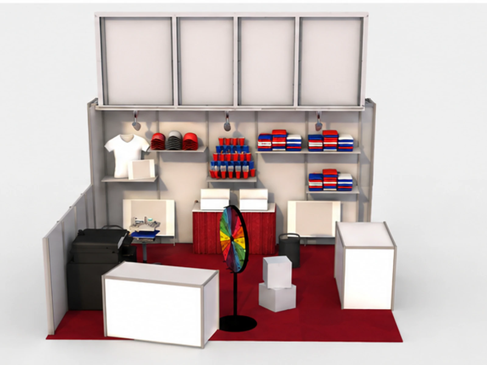Simple Clothes Display Kiosk Mall Garment T-shirt Display Stand Design staff storage and checkout detail