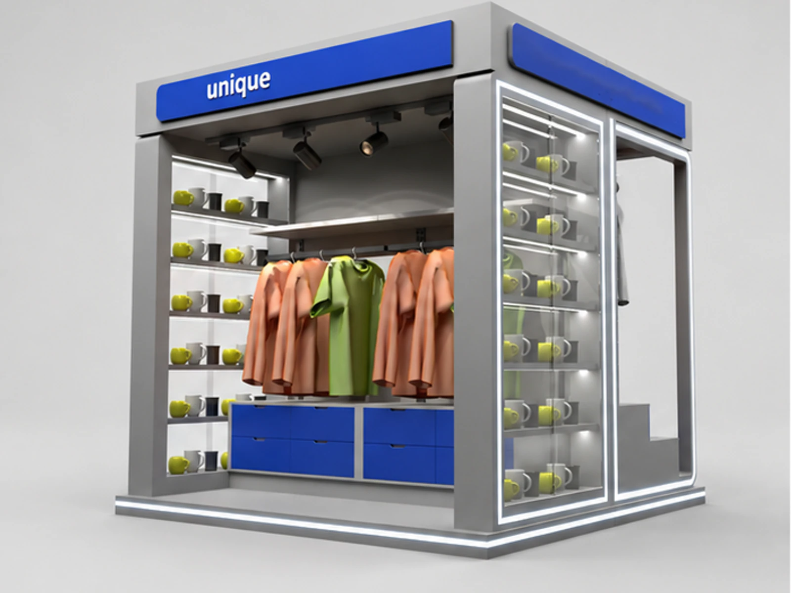 Small Clothing Kiosk Retail Mall Clothes Unit Indoor Grocery Display Booth main mall-facing view