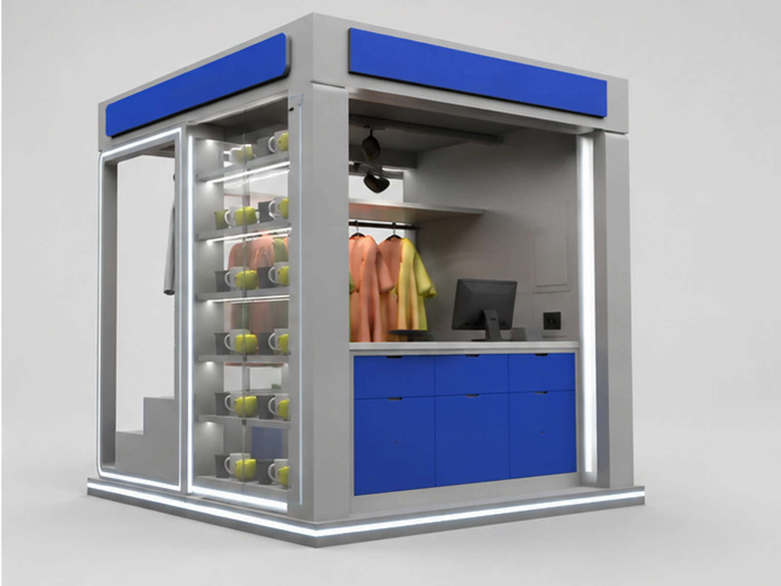 Small Clothing Kiosk Retail Mall Clothes Unit Indoor Grocery Display Booth angled clothing display view