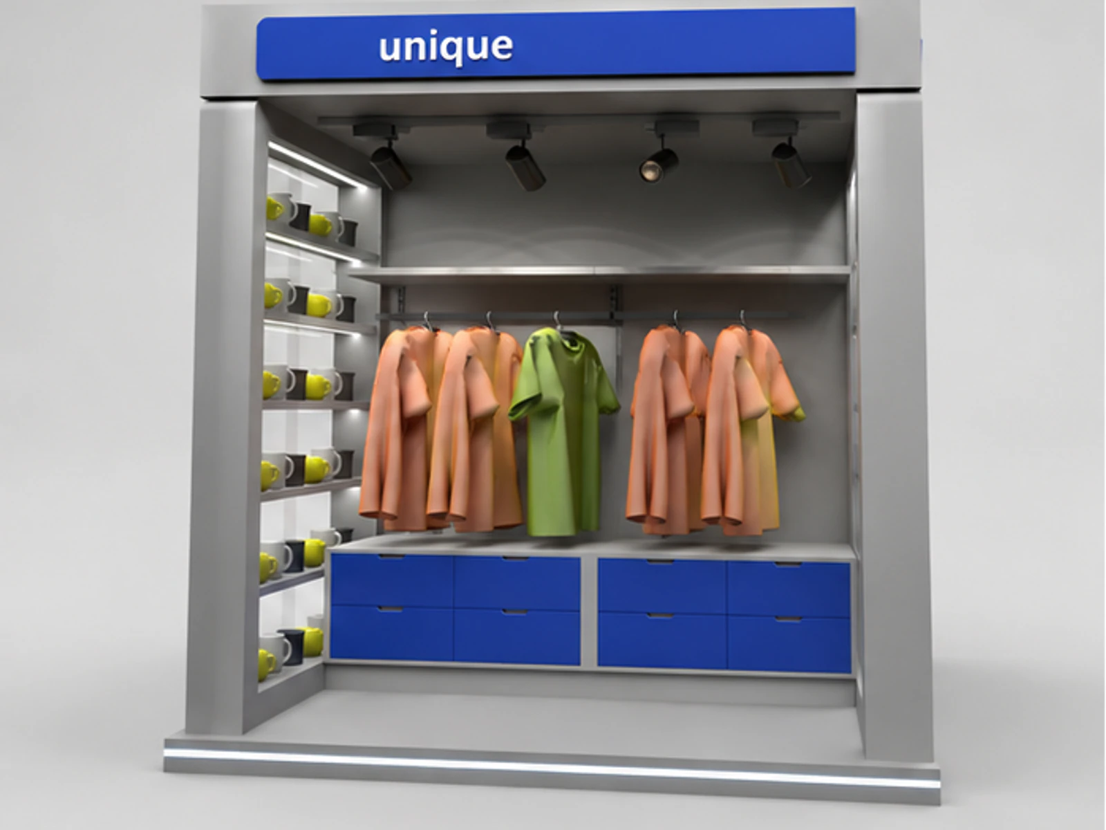 Small Clothing Kiosk Retail Mall Clothes Unit Indoor Grocery Display Booth garment rails and shelving view