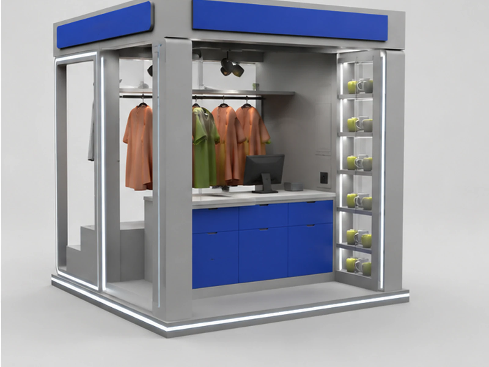 Small Clothing Kiosk Retail Mall Clothes Unit Indoor Grocery Display Booth staff storage and checkout detail
