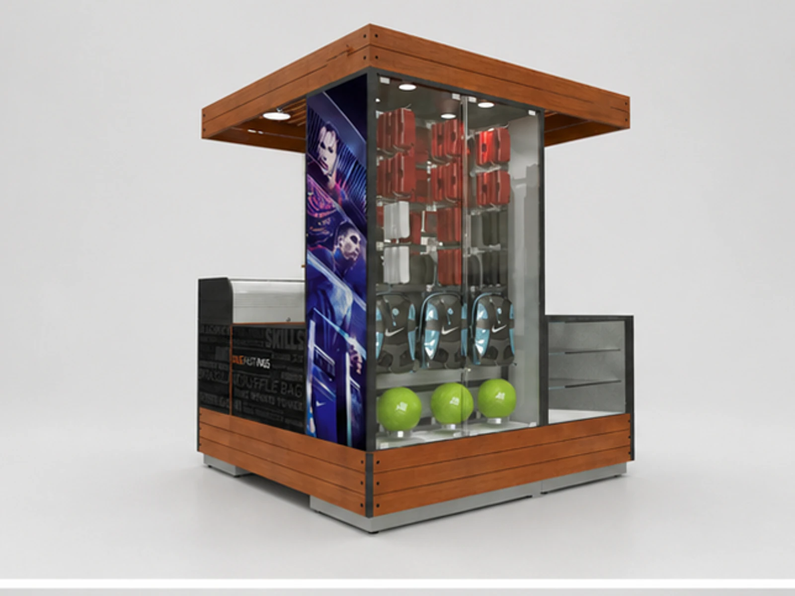 Sports Appliance Display Showcase Sports Clothes Kiosk main mall-facing view