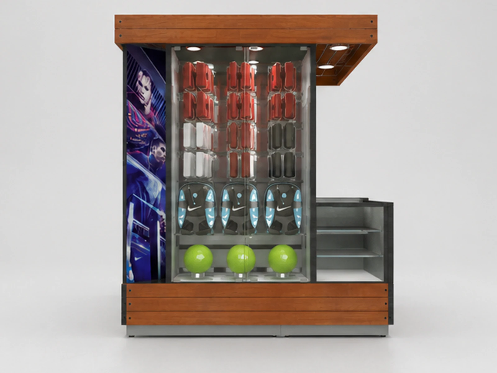 Sports Appliance Display Showcase Sports Clothes Kiosk garment rails and shelving view
