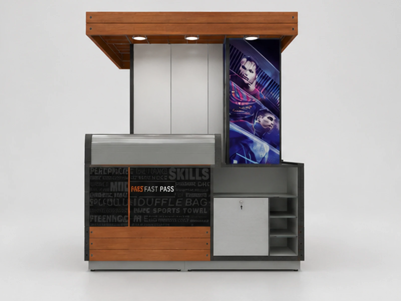 Sports Appliance Display Showcase Sports Clothes Kiosk staff storage and checkout detail