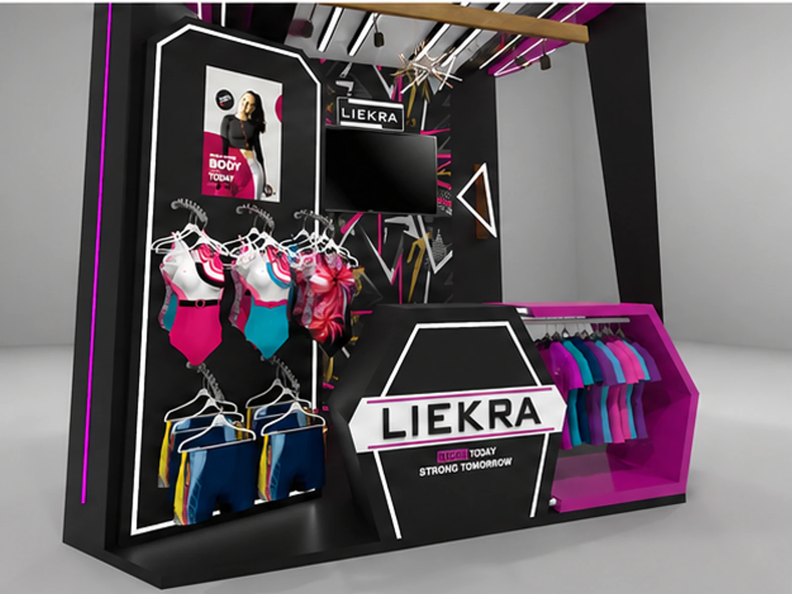Sports Suit Display Booth Retail Sportwear Showcase Mall Clothes Bar garment rails and shelving view