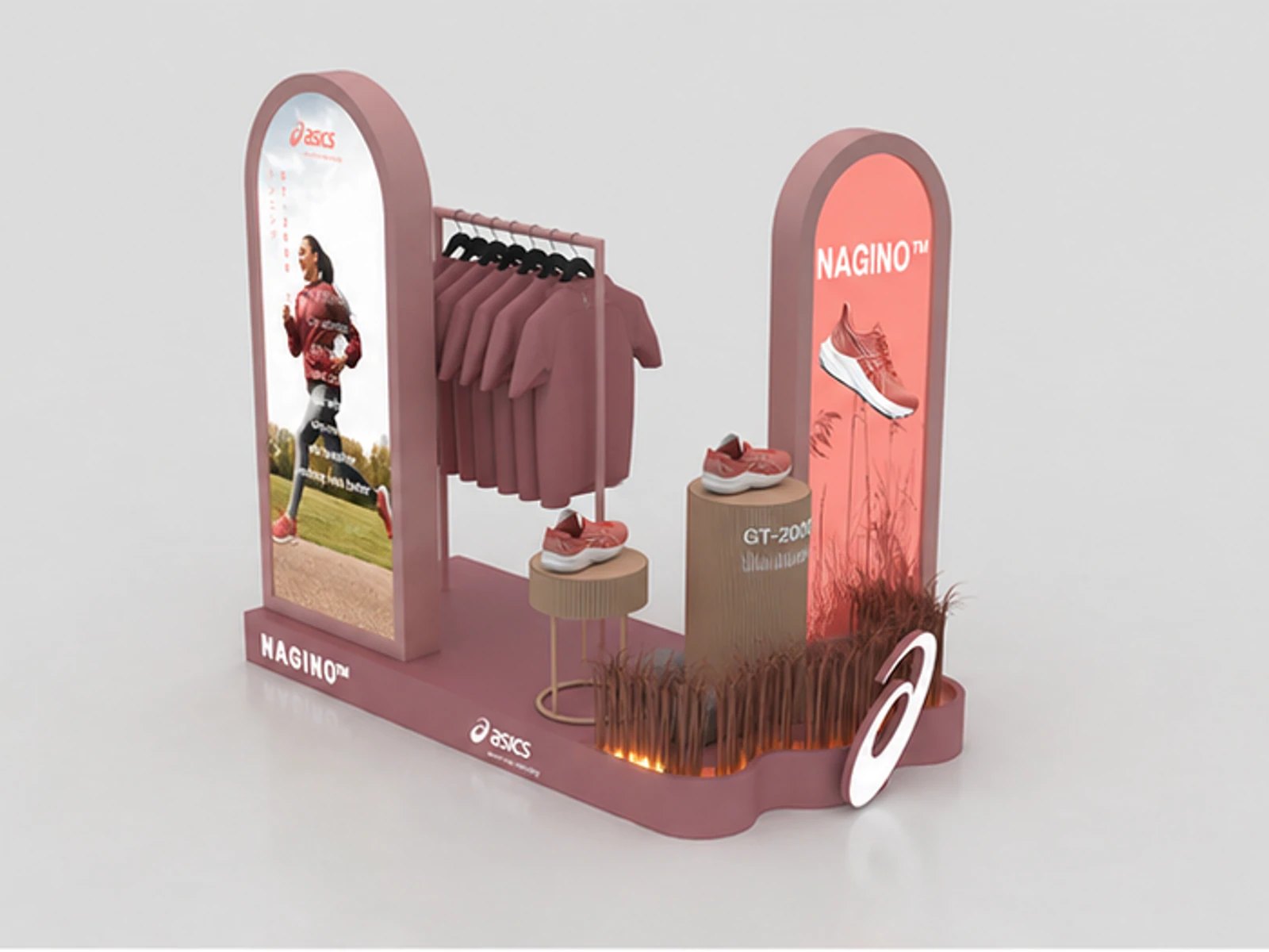 Sportswear Pop-Up Display Simple Sports Clothes Mall Kiosk Design angled clothing display view