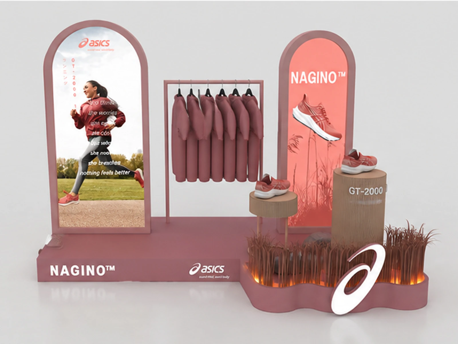 Sportswear Pop-Up Display Simple Sports Clothes Mall Kiosk Design garment rails and shelving view